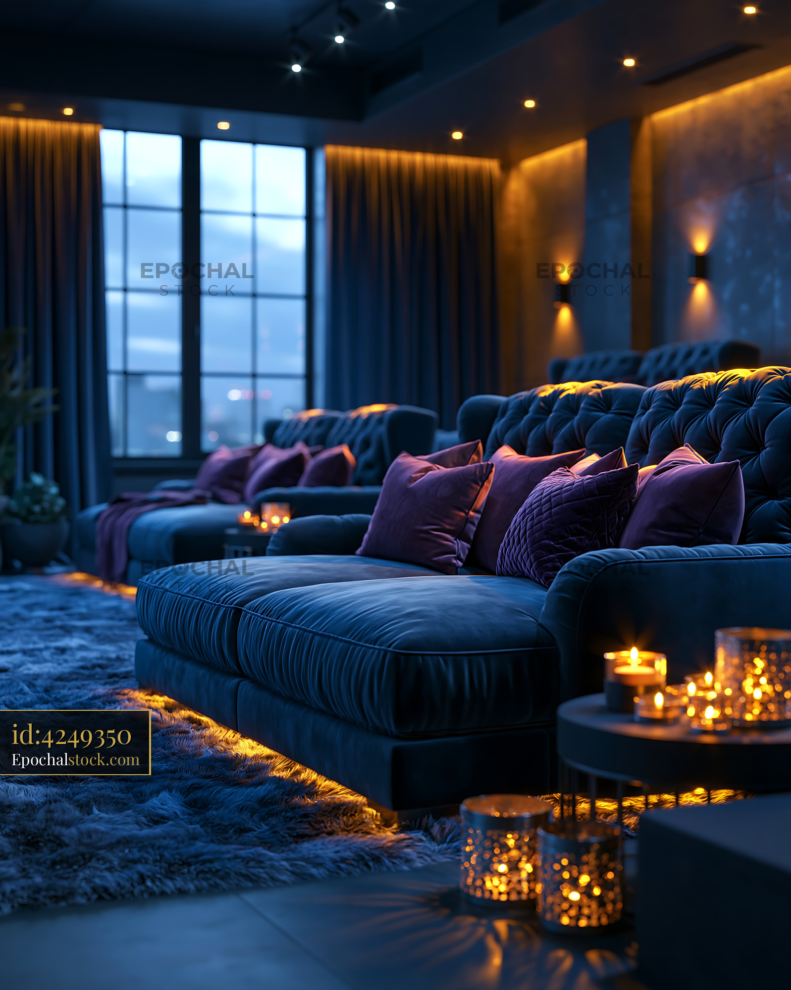 Cozy Minimalist Concrete Basement Cinema With Soft Lighting - stock photo