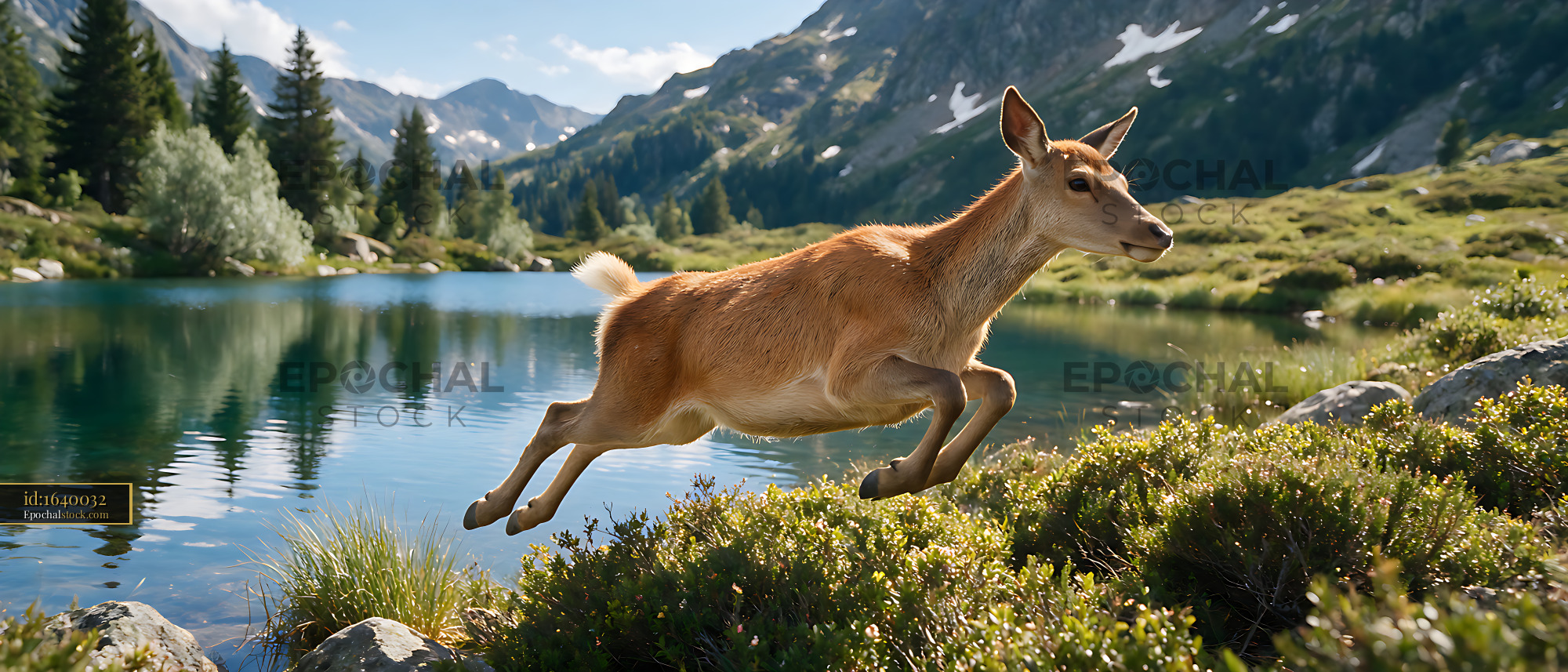 Watermarked full-resolution preview of Deer leaping across the shore of a mountain lake