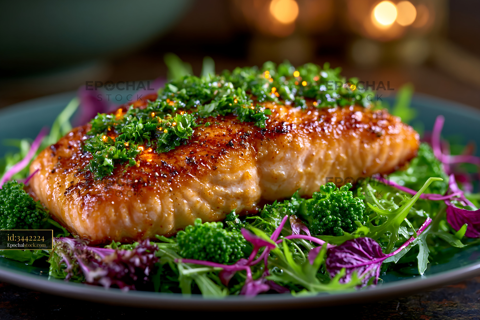 Watermarked full-resolution preview of Roasted salmon with herbs and colorful salad
