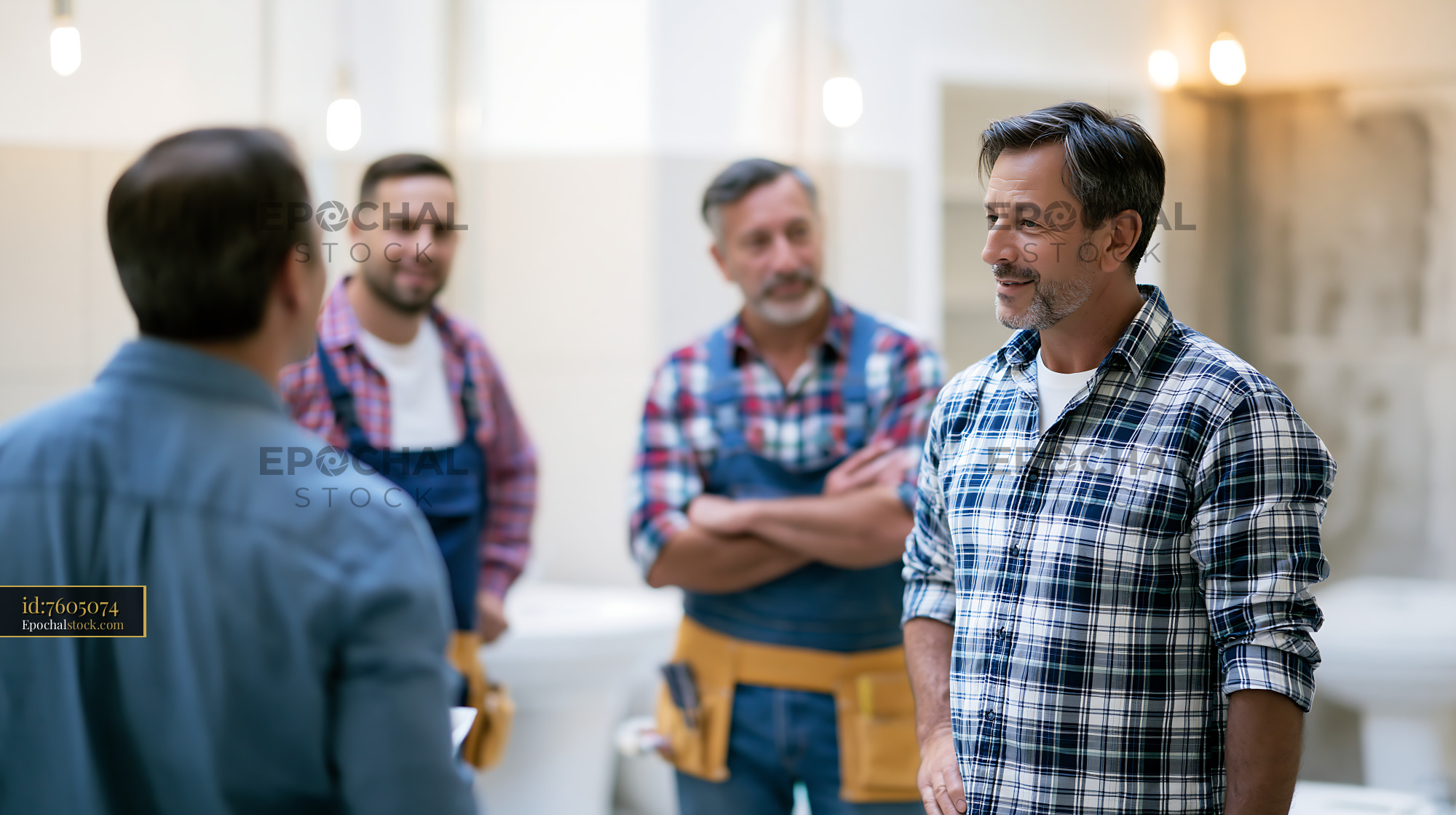 Watermarked full-resolution preview of Men engaged in a group conversation in a bright workshop