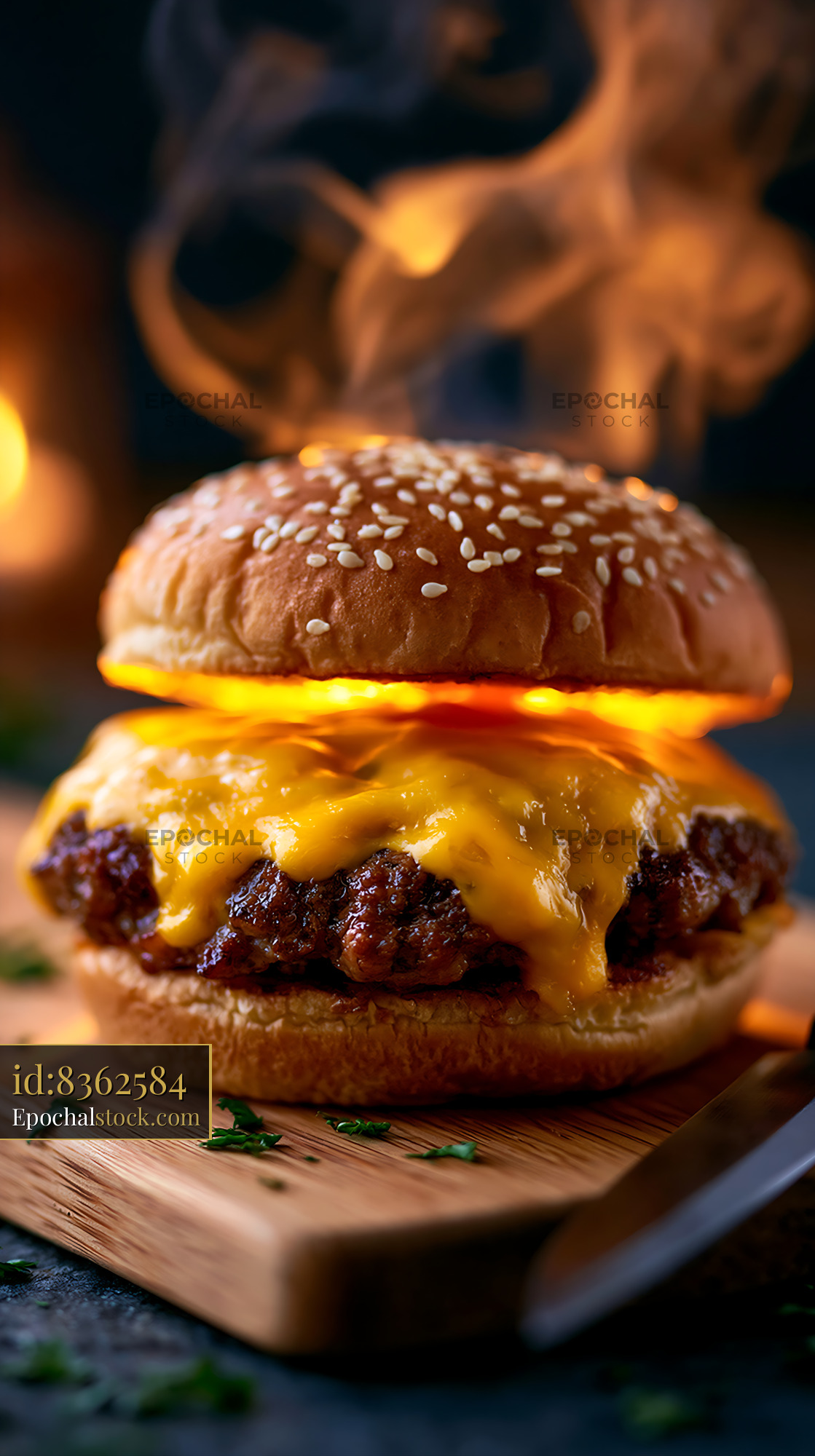 Watermarked full-resolution preview of Gourmet cheeseburger on wooden board
