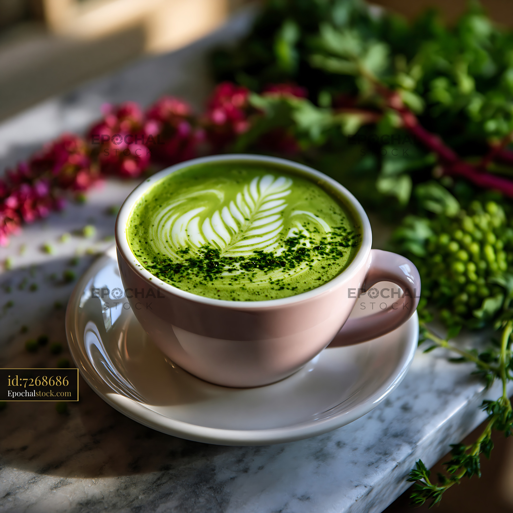 Watermarked full-resolution preview of Green tea latte in a cup on a marble table with herbs and flowers