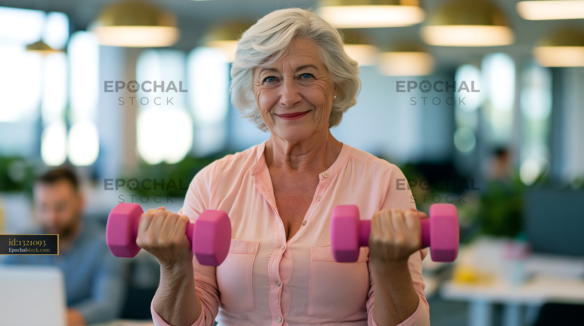 70 Year Old Woman Lifting Weights in Modern Office Setting - stock photo