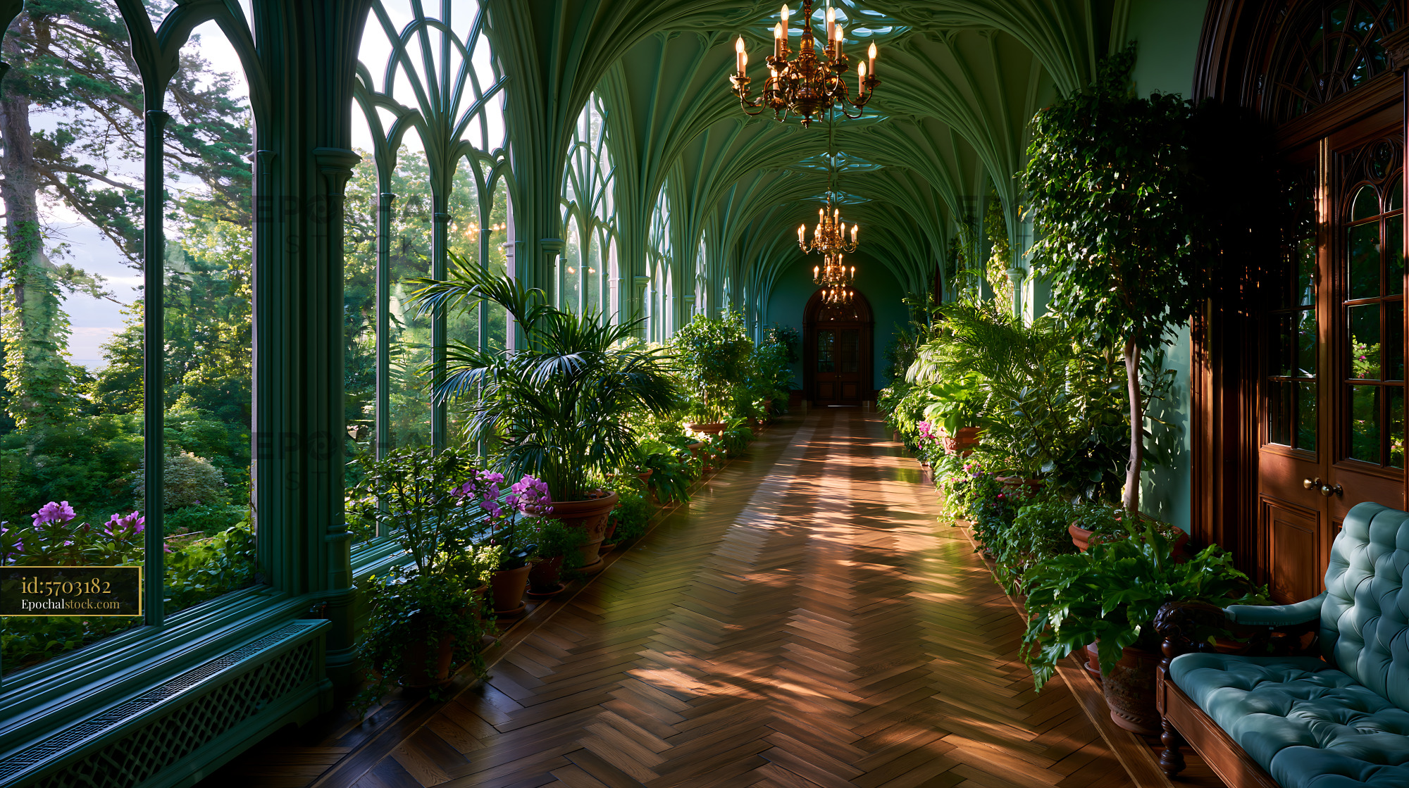 Watermarked full-resolution preview of Green hallway with plants and chandeliers in a glass building