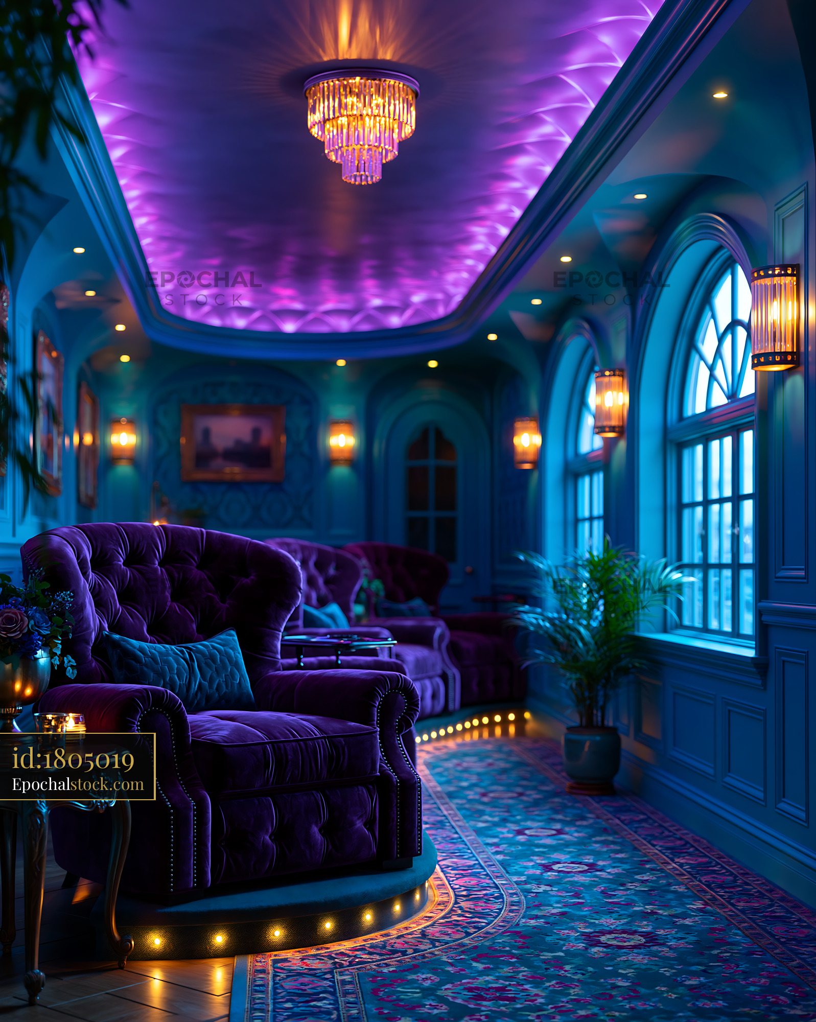 Home Cinema With Purple Lighting and Elegant Seating - stock photo