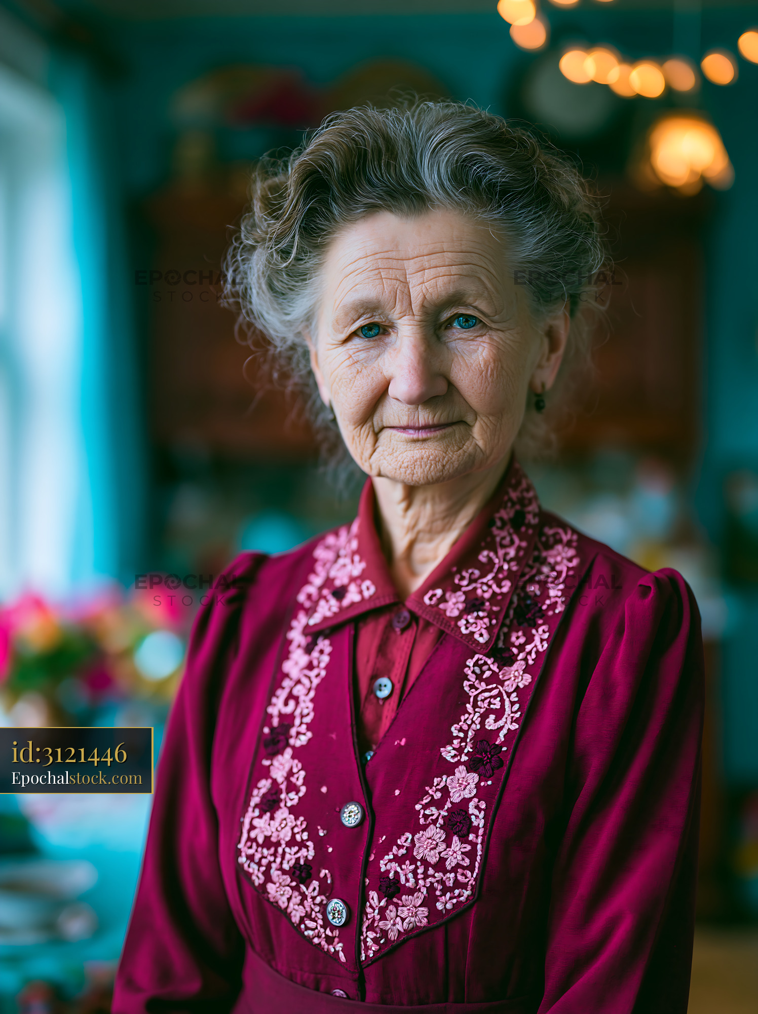 Watermarked full-resolution preview of Elderly woman in traditional dress standing in cozy interior