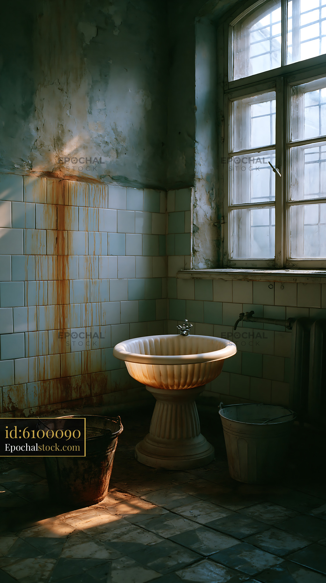 Watermarked full-resolution preview of Old bathroom with a sink and rust stains on the wall