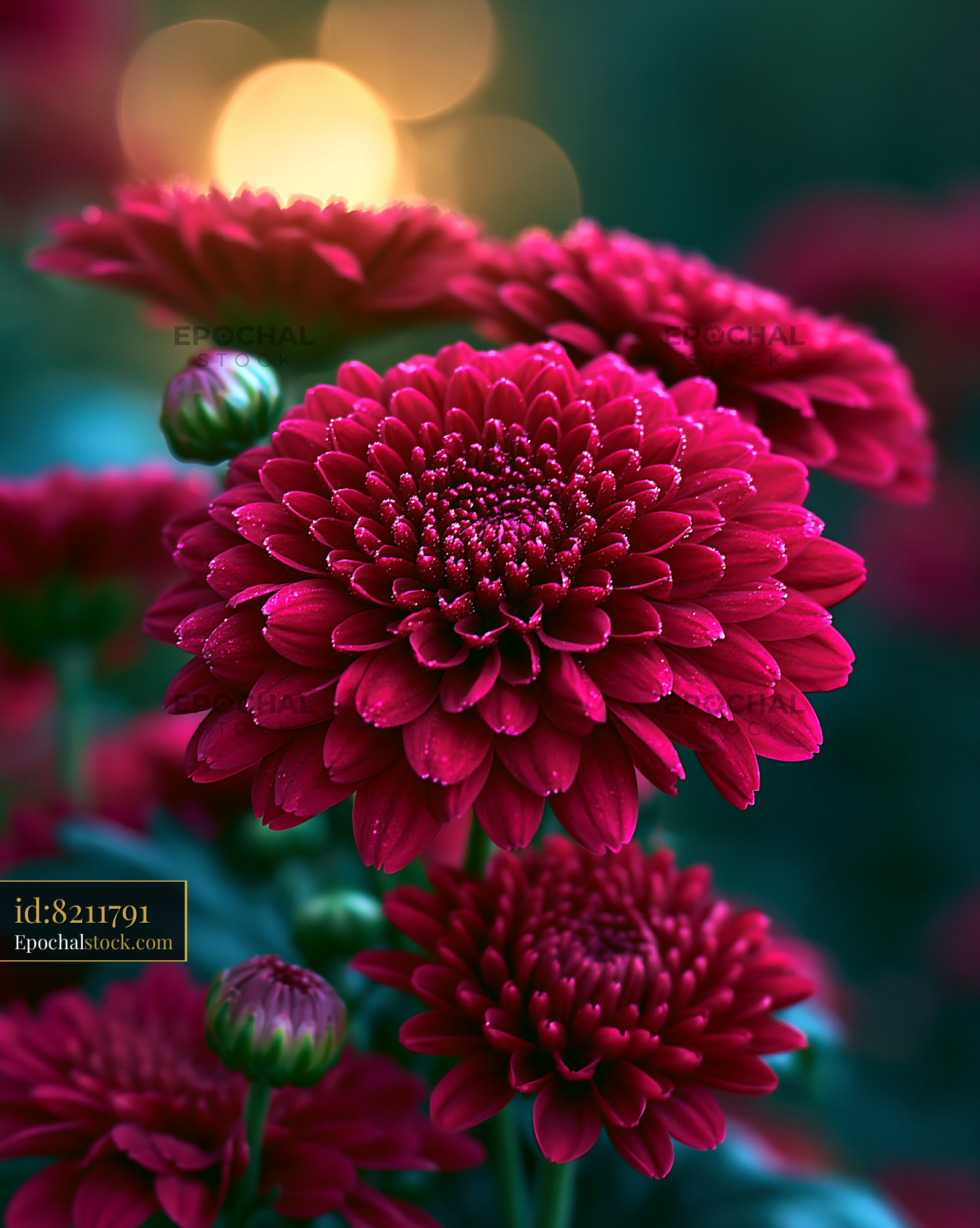 Watermarked full-resolution preview of Red chrysanthemum flowers bloom in garden setting