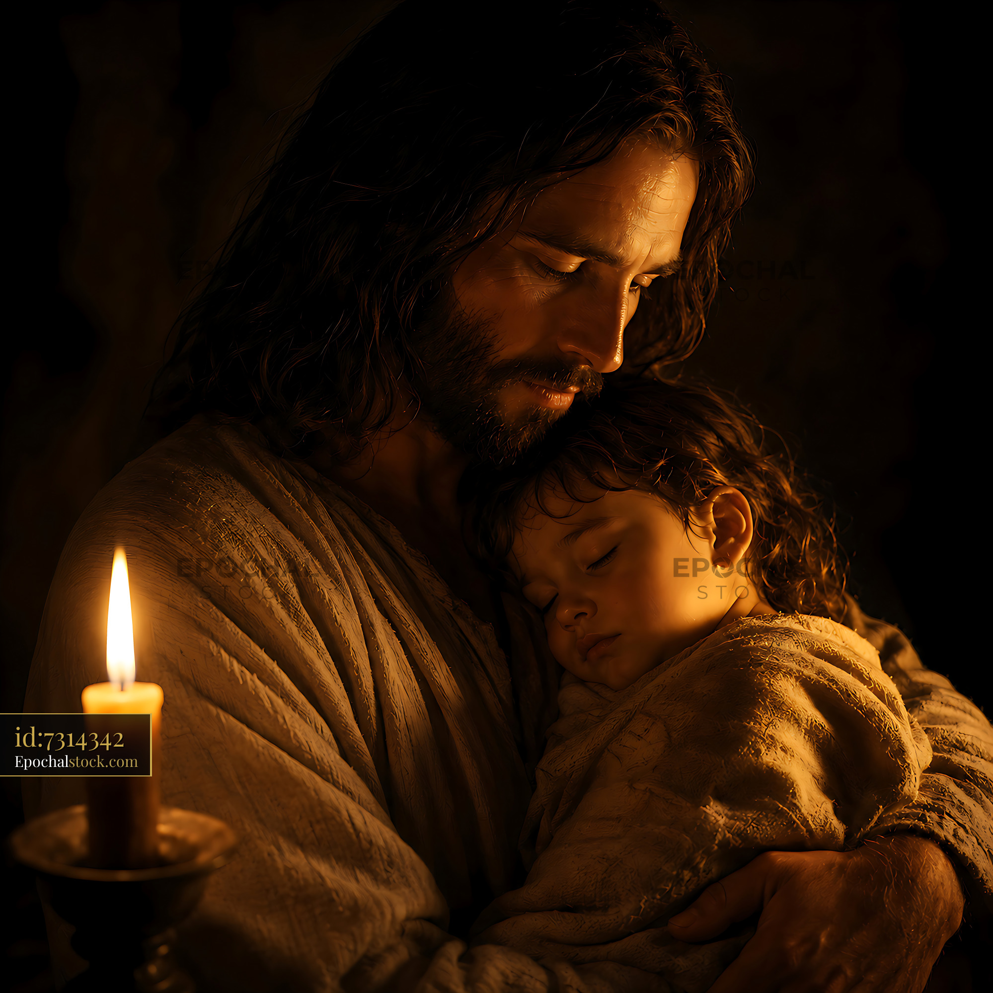 Man Holds Sleeping Child by Candlelight in Soft Glow - stock photo