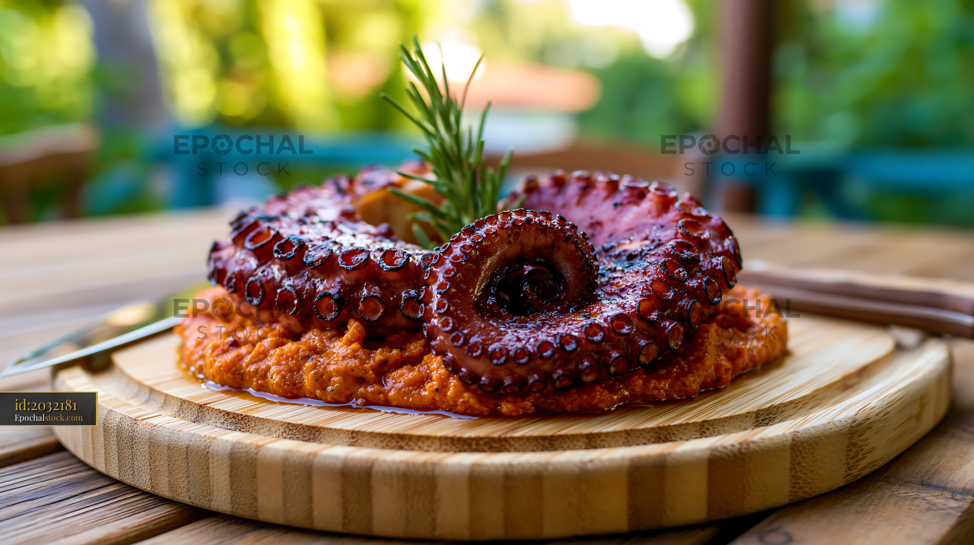 Watermarked full-resolution preview of Close-up of grilled octopus with pepper sauce