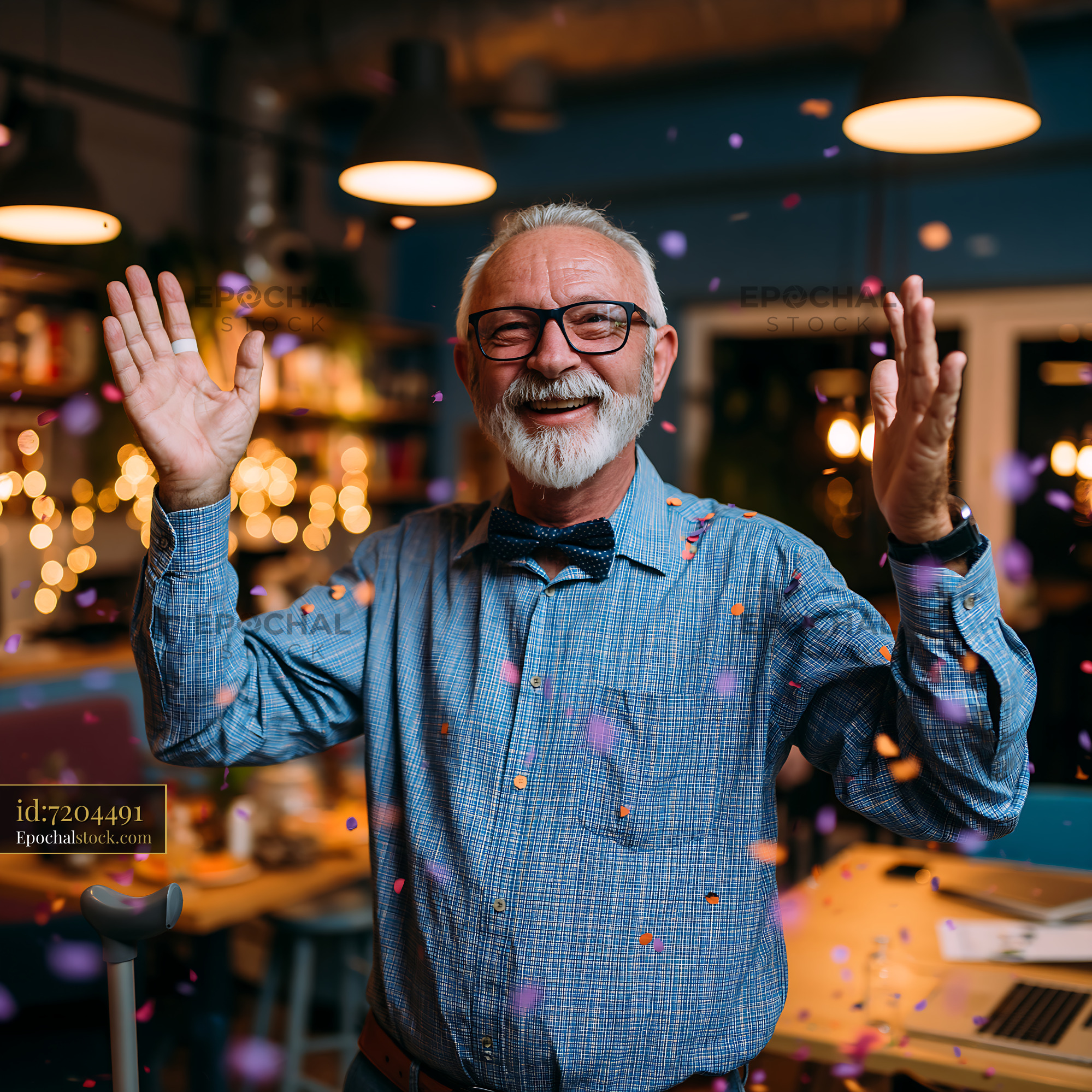 Watermarked full-resolution preview of Man celebrating at a party with confetti in a lively indoor setting