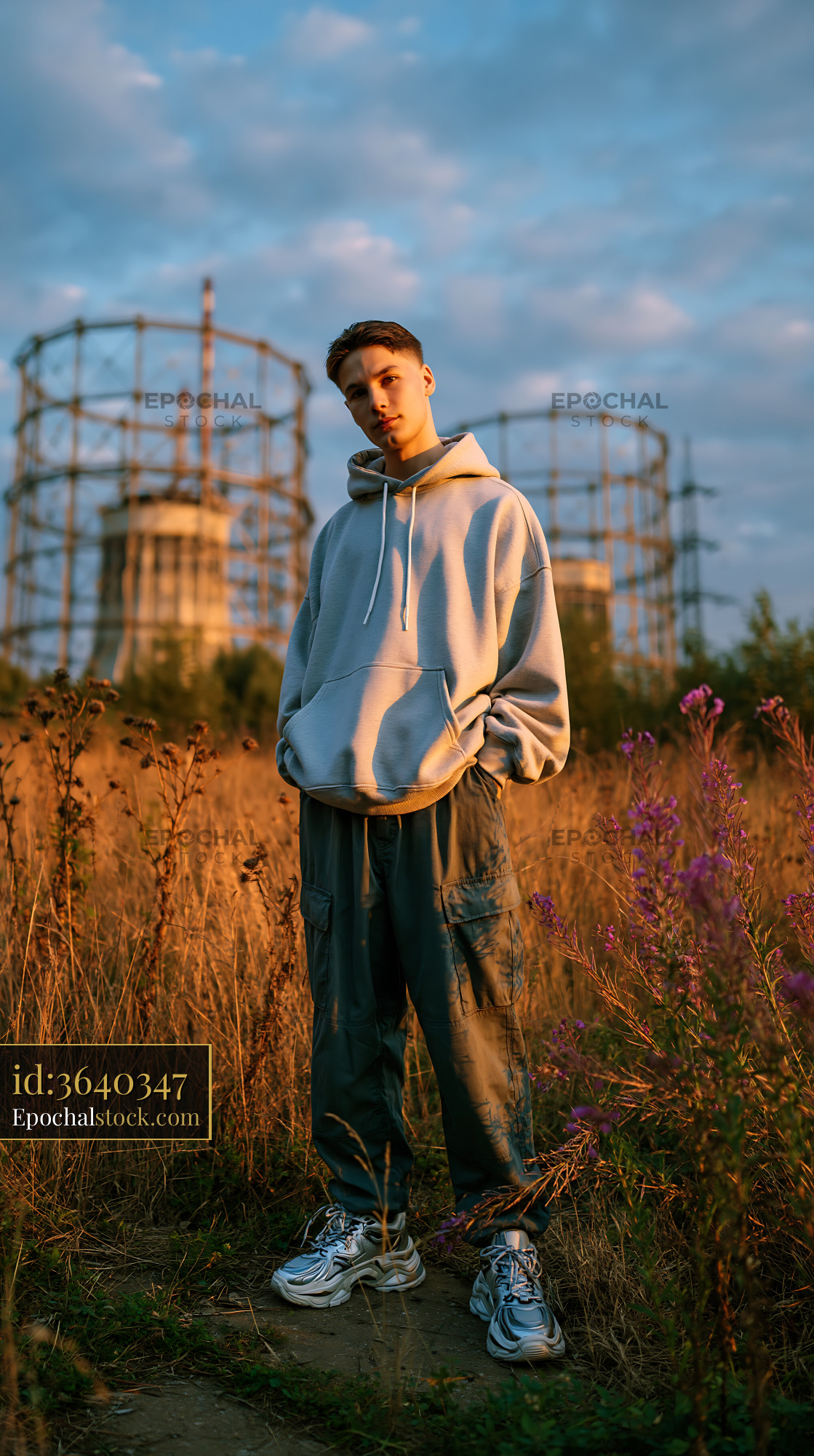 Watermarked full-resolution preview of Young person standing in field near industrial structures at sunset