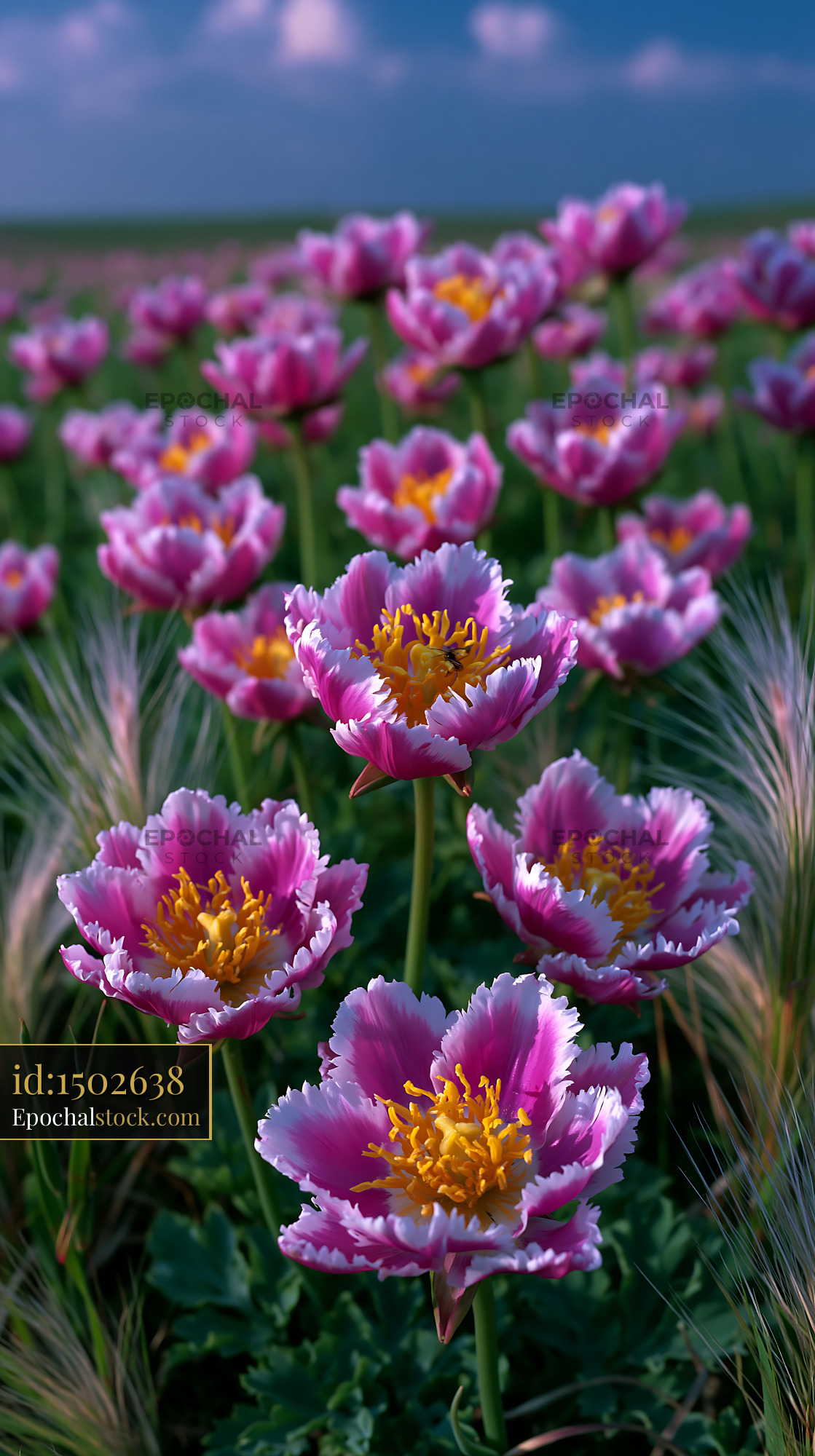 Watermarked full-resolution preview of Colorful tulips blooming in a field during a sunny day