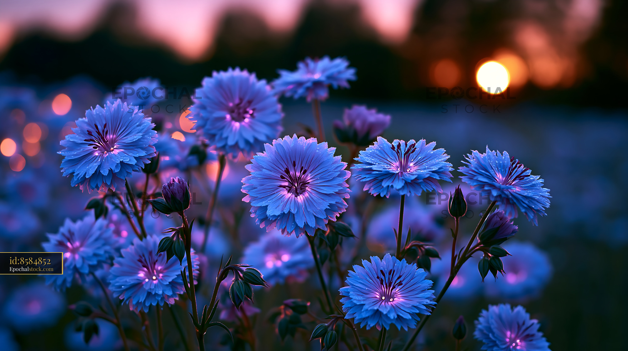 Watermarked full-resolution preview of Blue flowers blooming at sunset in a field