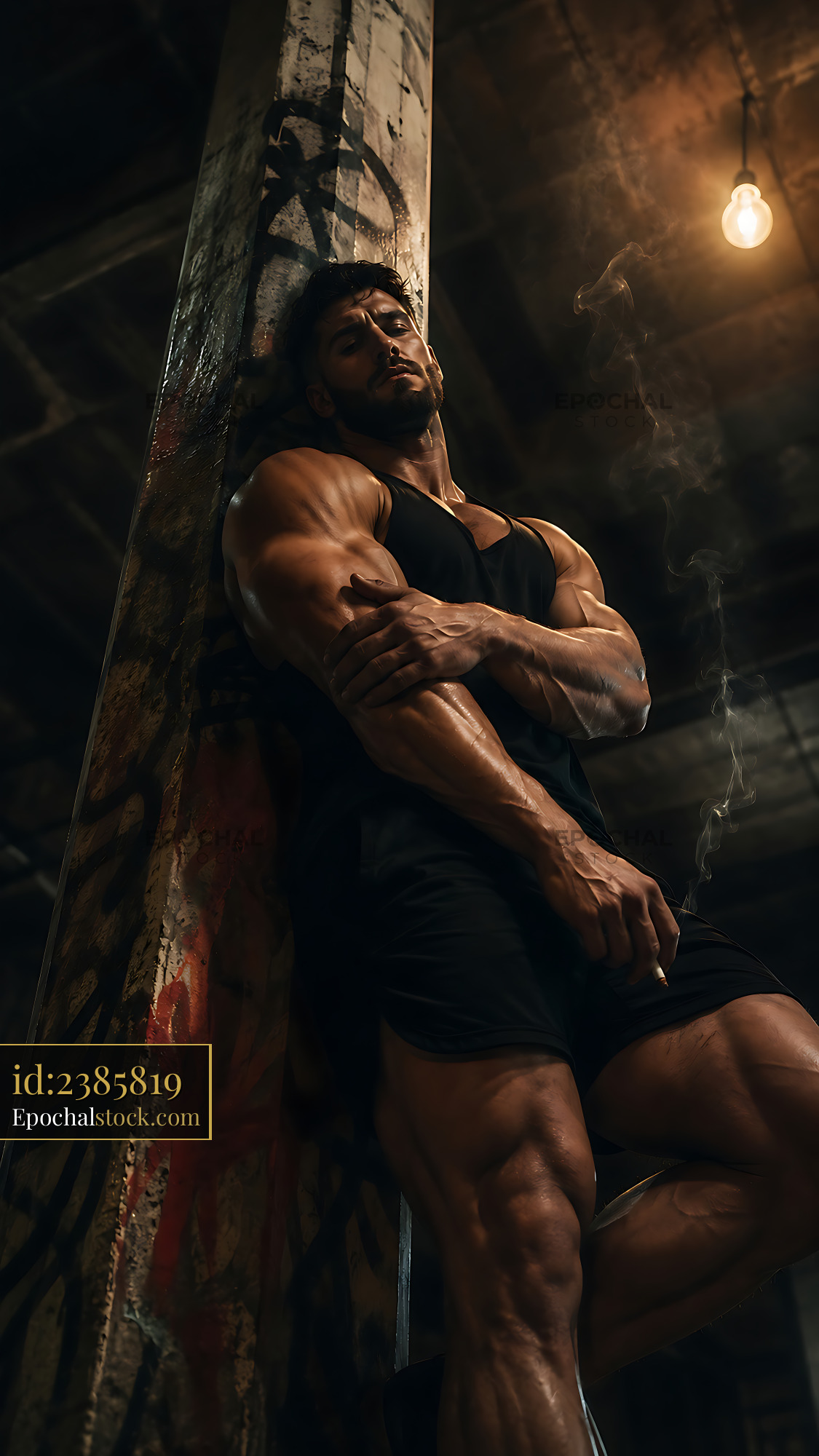 Watermarked full-resolution preview of Muscular man posing in an industrial setting