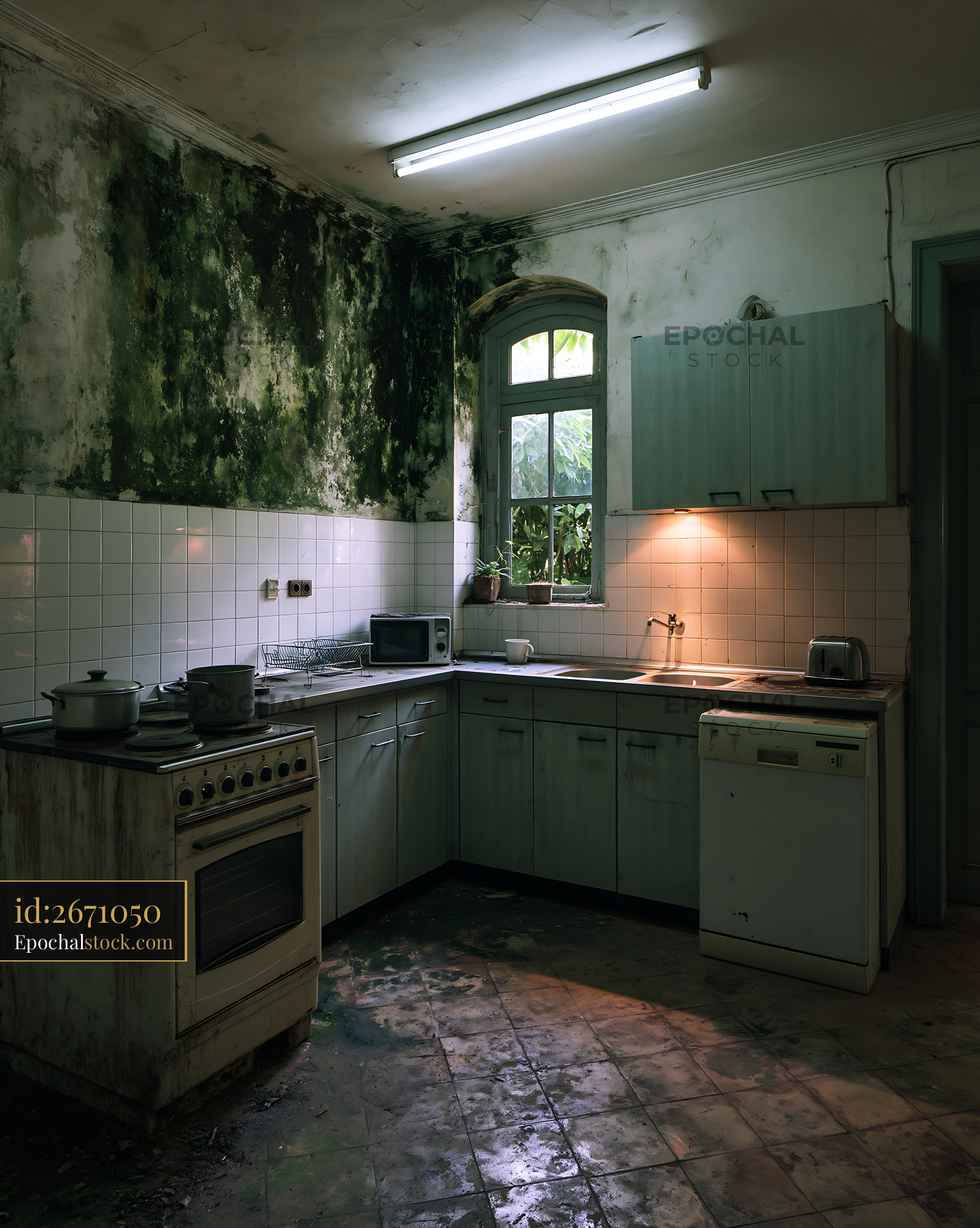 Watermarked full-resolution preview of Old kitchen interior with mold, worn tiles, and aging appliances