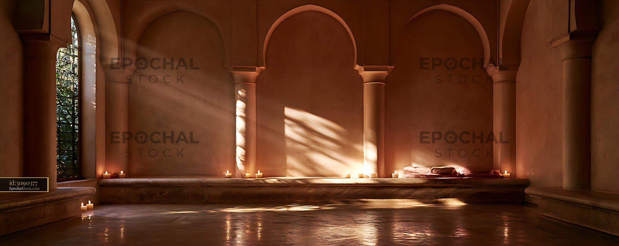 Watermarked full-resolution preview of Warm sunlit room with arches, candles, and cushions