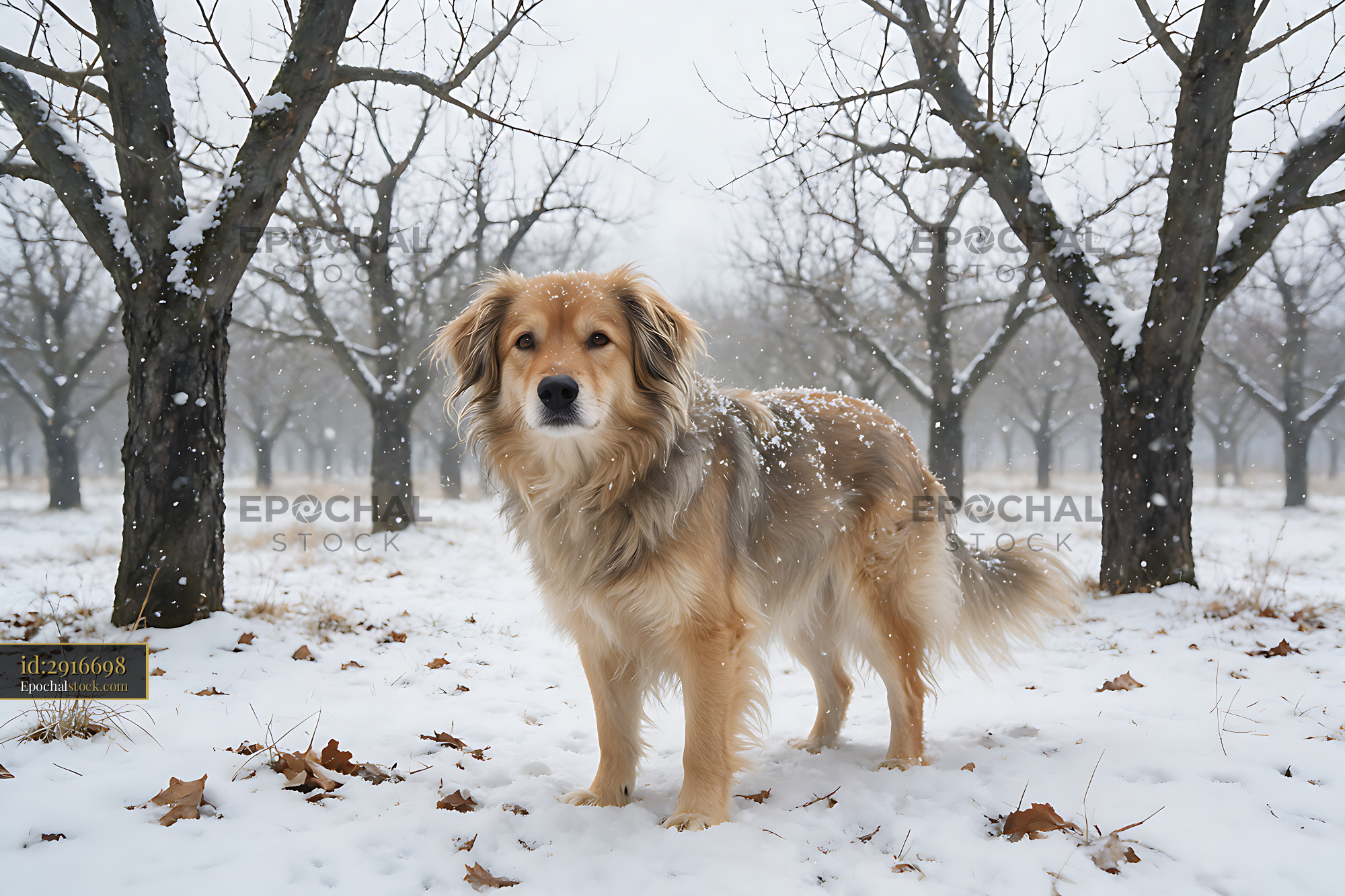 Watermarked full-resolution preview of Fluffy long-haired dog in falling snow