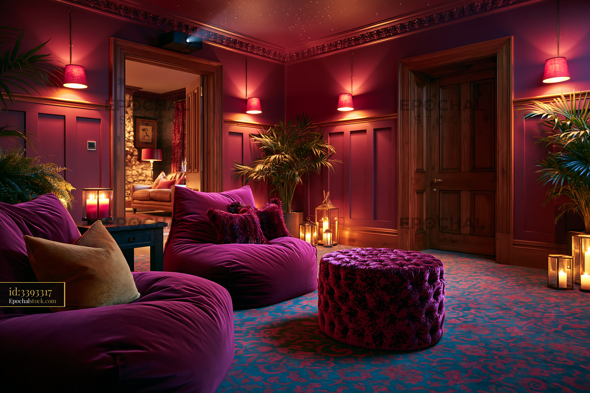 Watermarked full-resolution preview of Cozy interior design with plush seating and warm lighting