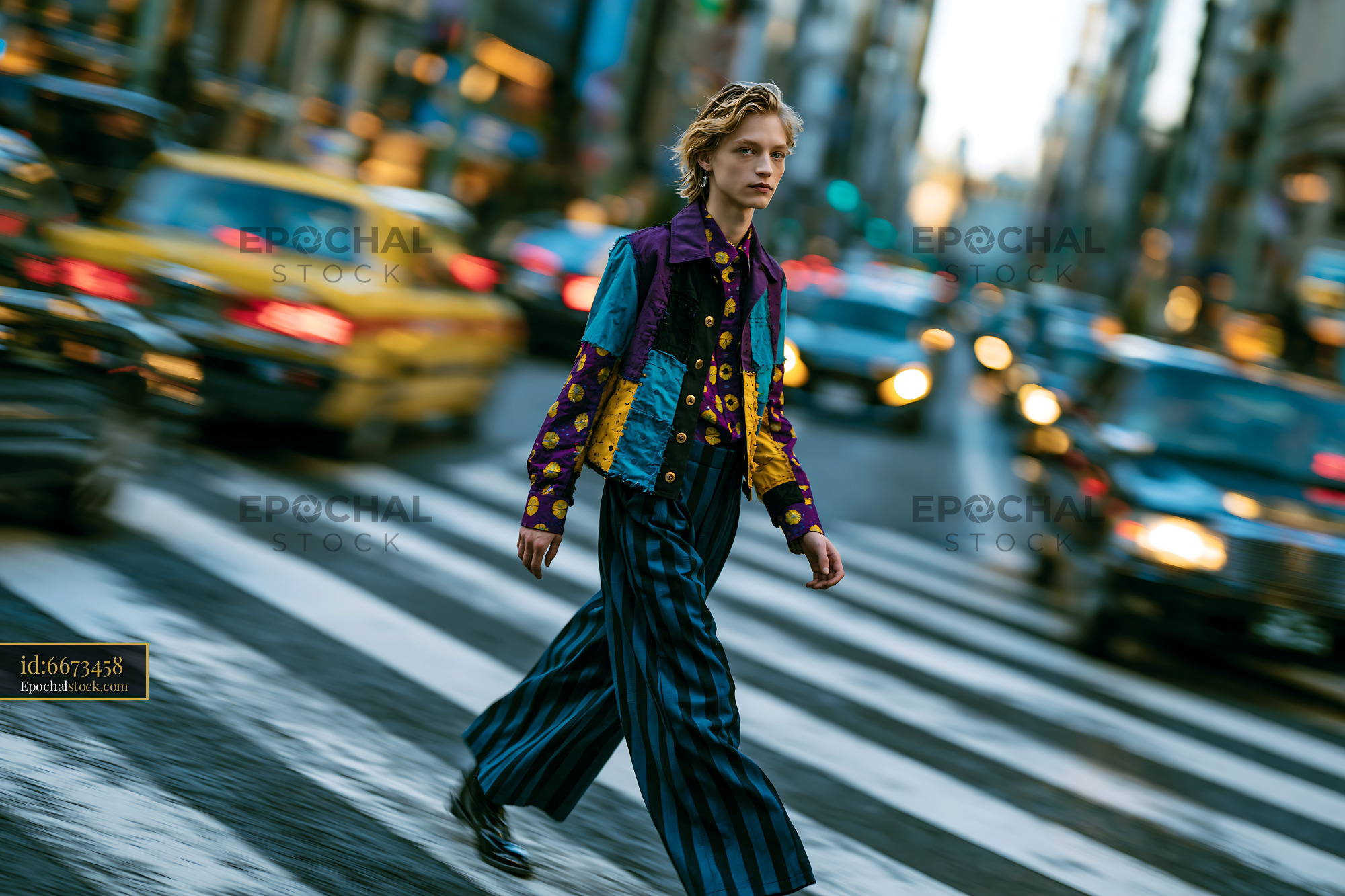 Watermarked full-resolution preview of Colorful street fashion on a busy urban crosswalk