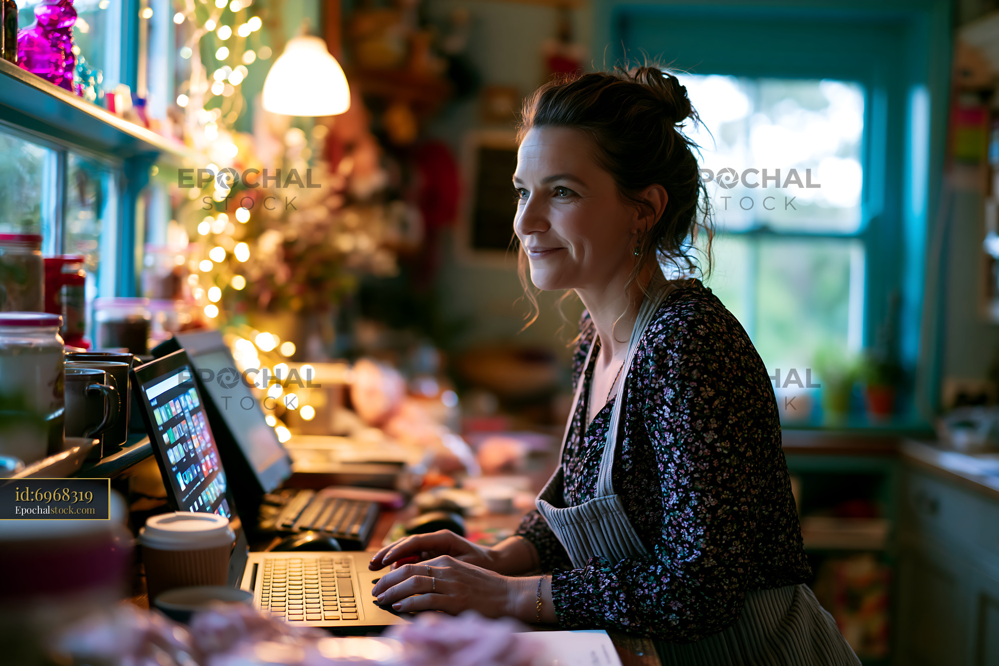Watermarked full-resolution preview of Woman working at a desk in a cozy home office space