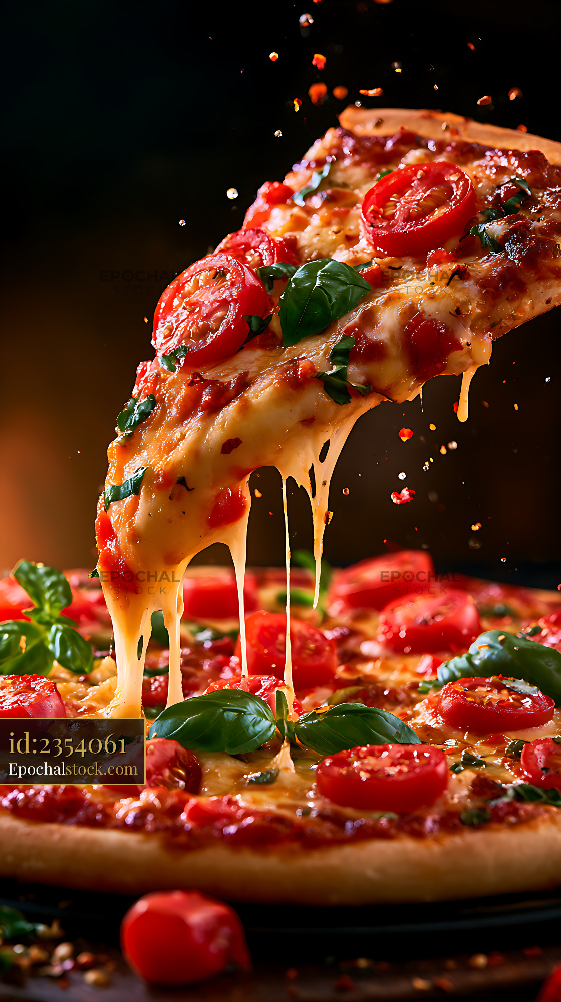Watermarked full-resolution preview of Tomato basil pizza slice with dramatic cheese stretch
