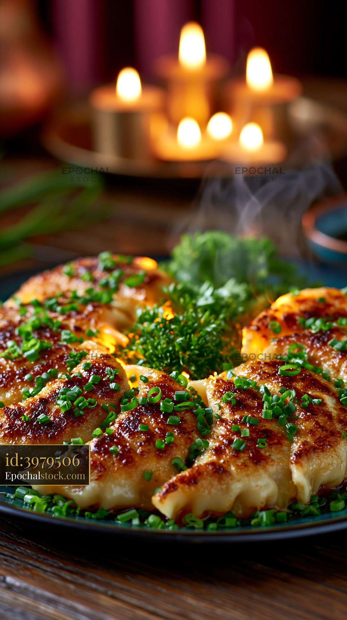Watermarked full-resolution preview of Close-up plate of glazed dumplings with green onion garnish