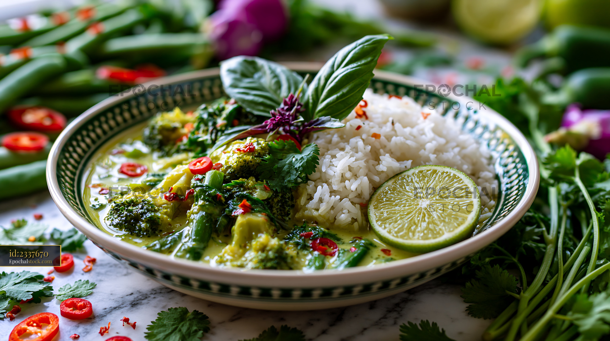 Watermarked full-resolution preview of Bowl of vegetable curry with rice and fresh garnishes