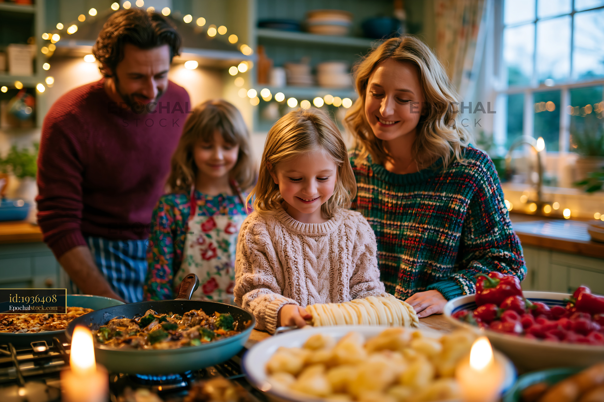 Watermarked full-resolution preview of Family cooking together in a cozy kitchen during winter evening