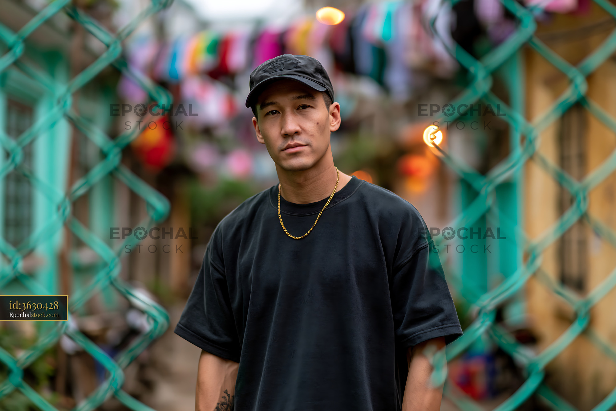 Watermarked full-resolution preview of Young man standing near a fence in an urban setting