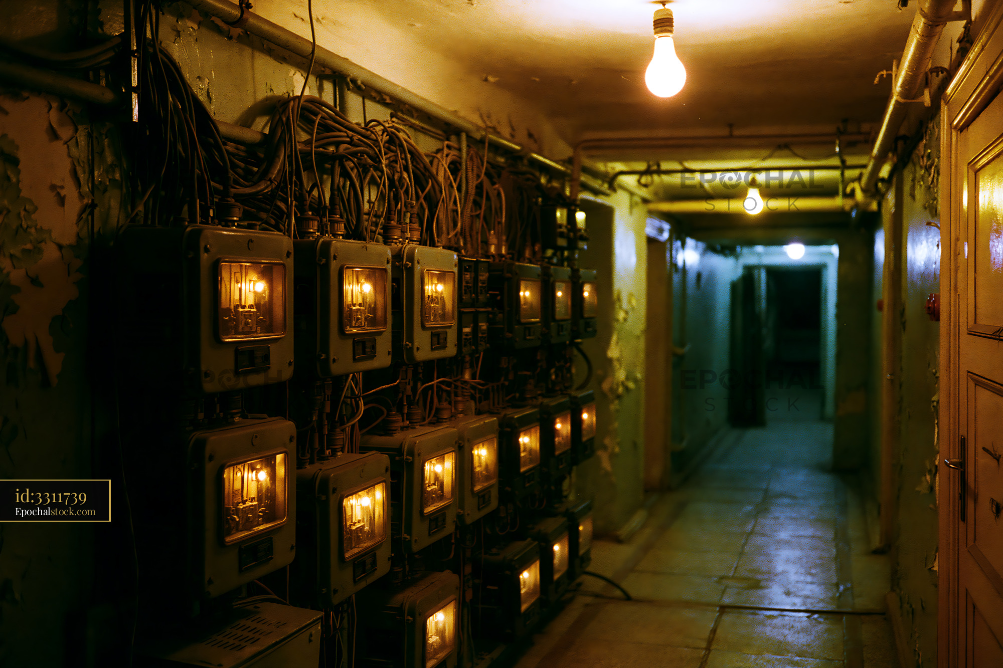Watermarked full-resolution preview of Lights illuminate a corridor lined with electrical meters