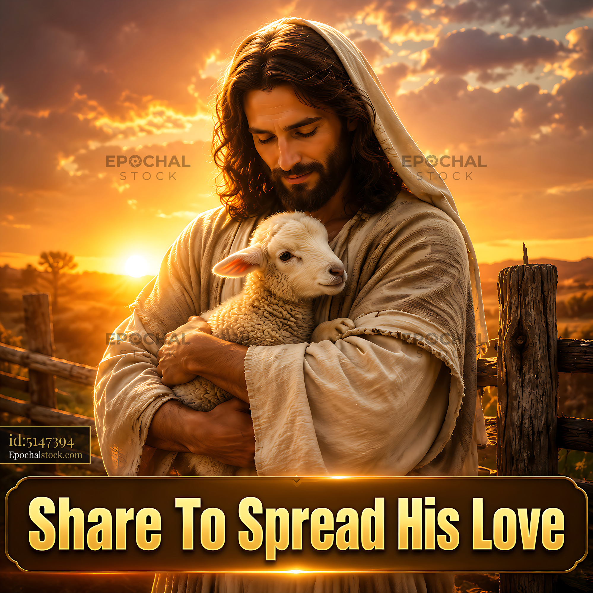 Watermarked full-resolution preview of Jesus holding a lamb at sunset in a rural setting