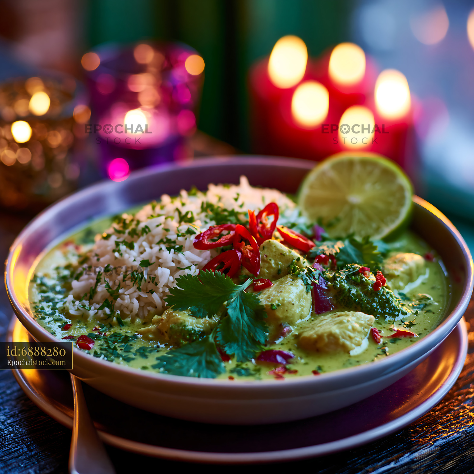 Watermarked full-resolution preview of Delicious green curry with rice and fresh herbs served in a bowl