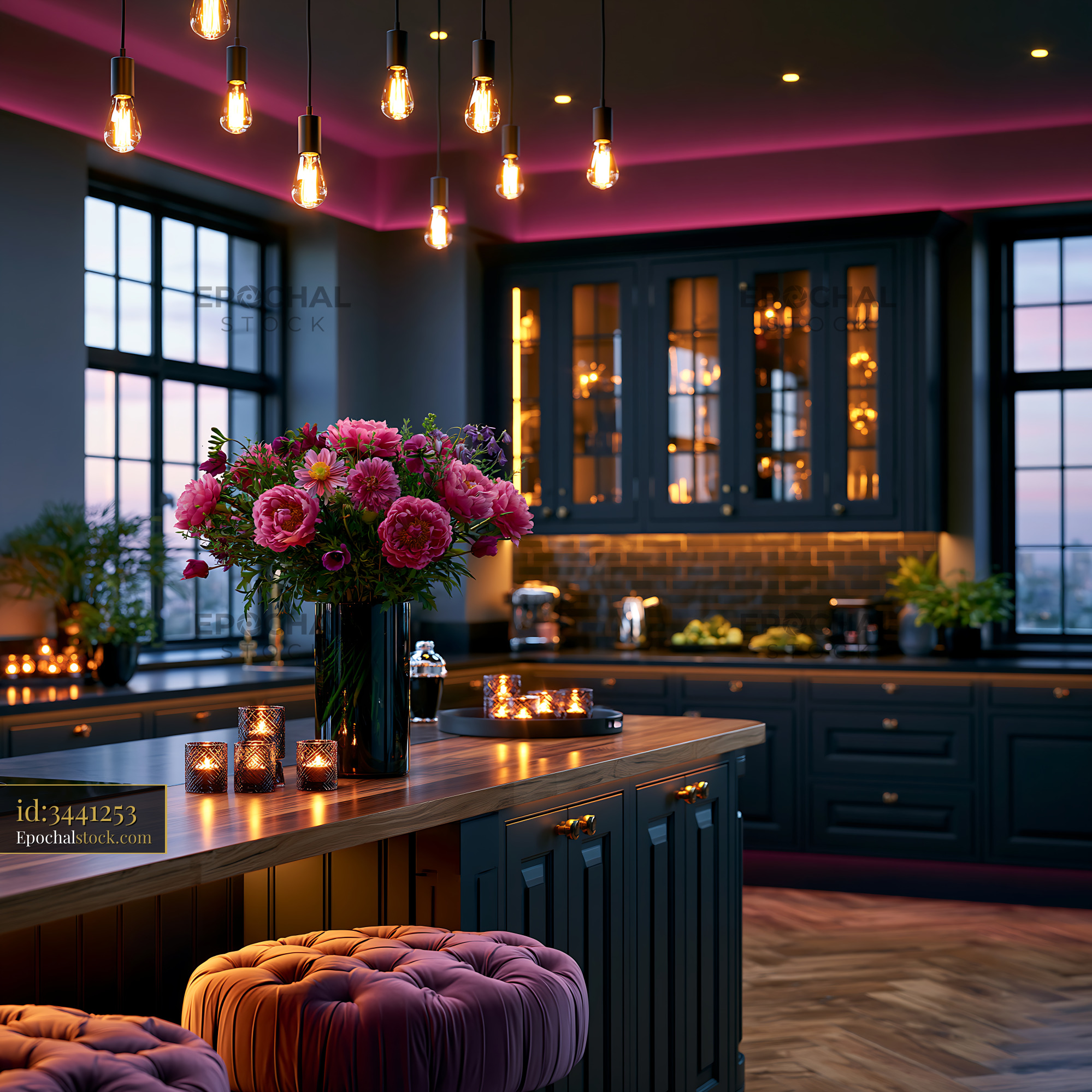 Watermarked full-resolution preview of Modern kitchen with pendant lights and floral arrangement