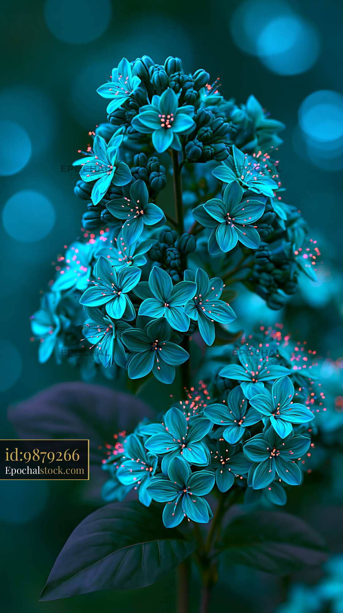 Watermarked full-resolution preview of Vibrant blue flowers with green leaves in a blurred background