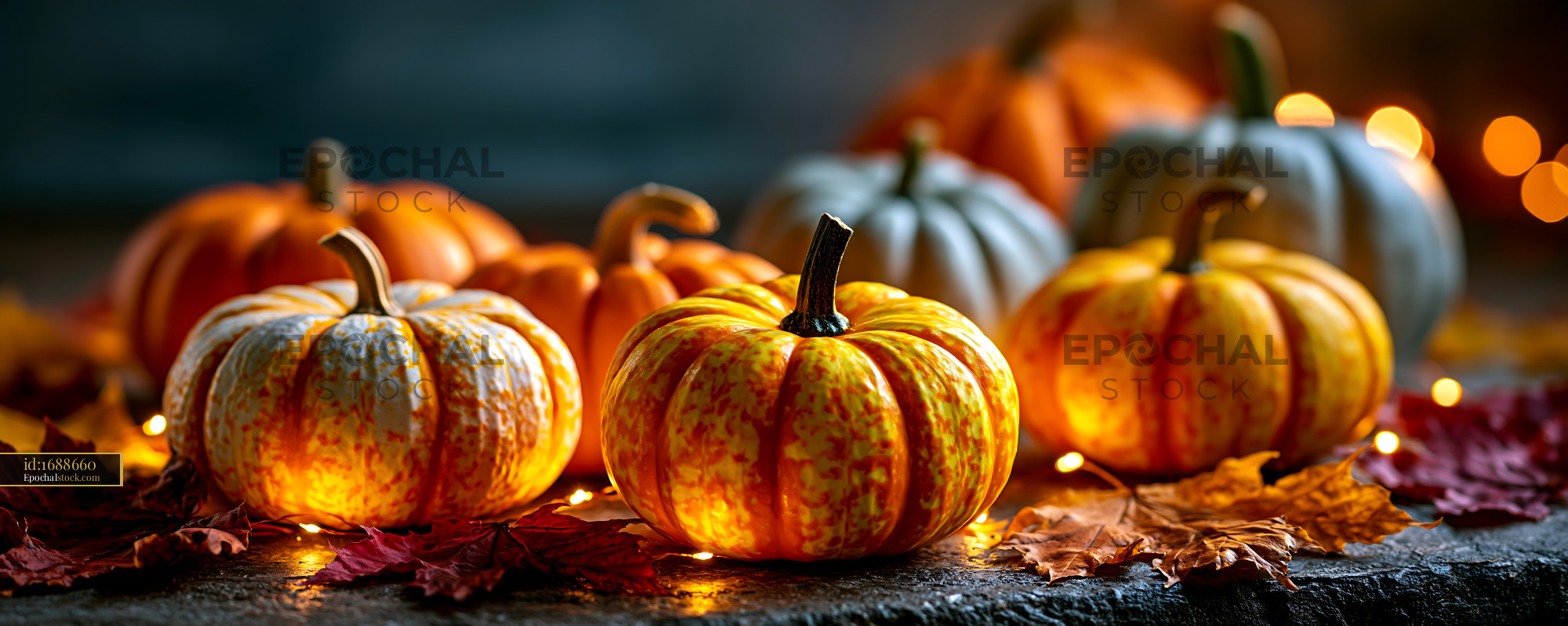 Watermarked full-resolution preview of Colorful pumpkins arranged with fall leaves and glowing lights