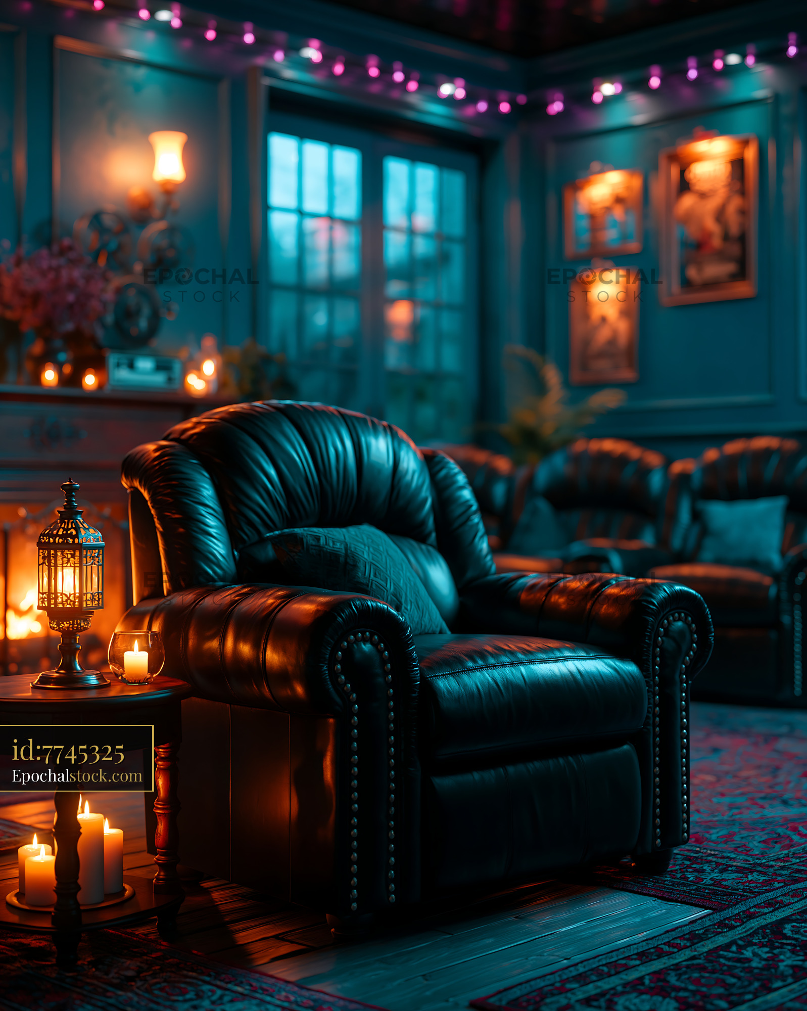 Watermarked full-resolution preview of Candlelit leather armchair in an atmospheric interior