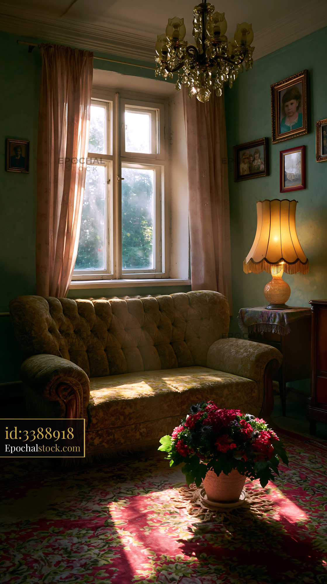 Watermarked full-resolution preview of Cozy living room with vintage furniture and sunlight
