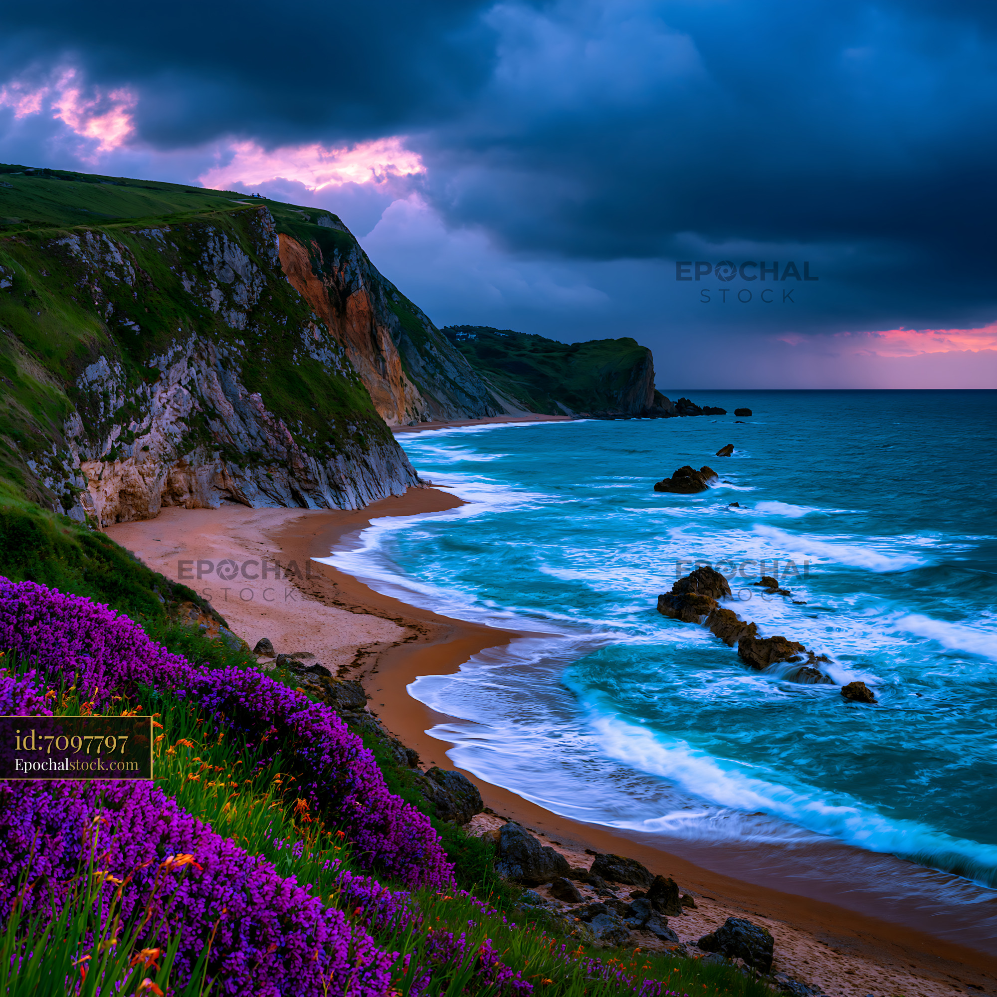 Watermarked full-resolution preview of Coastline with waves and purple flowers near cliffs at dusk