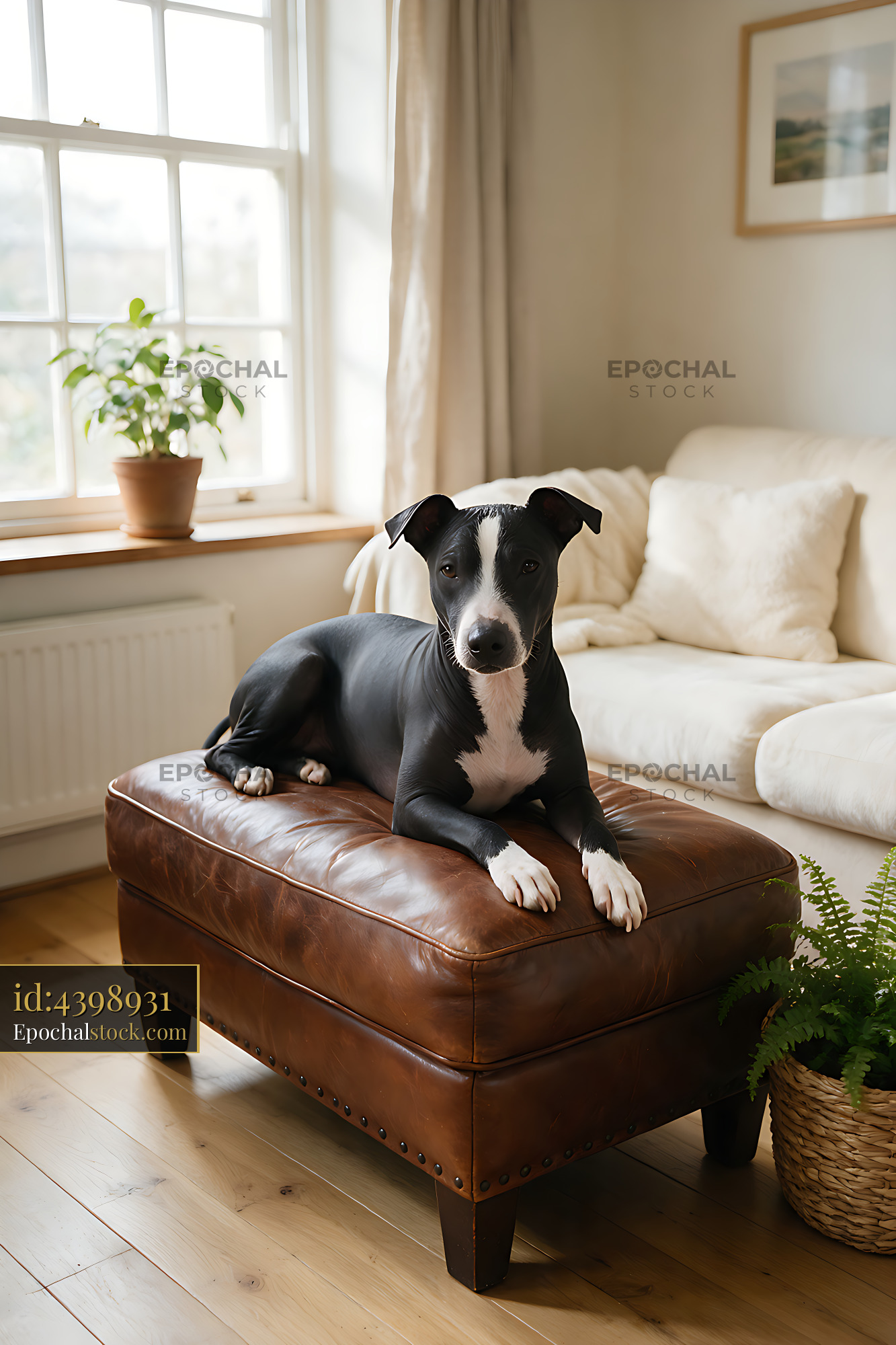 Watermarked full-resolution preview of Black and white dog relaxing indoors on a leather ottoman