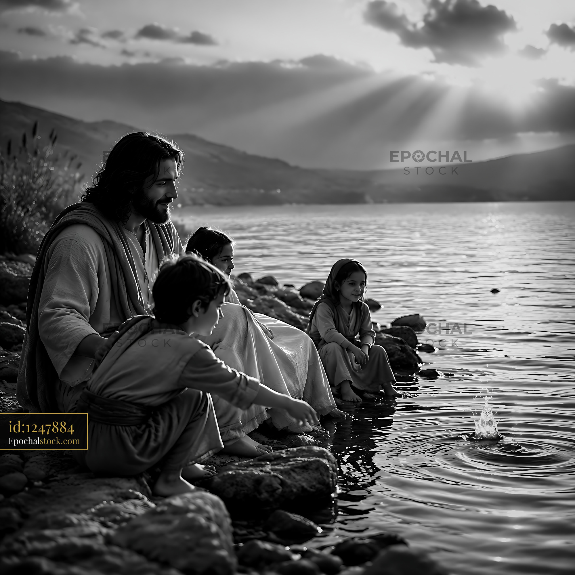 Watermarked full-resolution preview of Children playing by the water with an adult in black and white