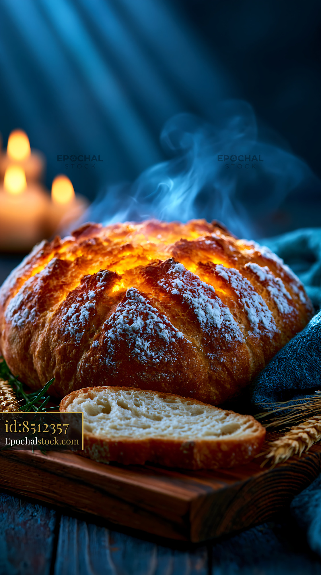 Watermarked full-resolution preview of Rustic freshly baked bread with visible steam
