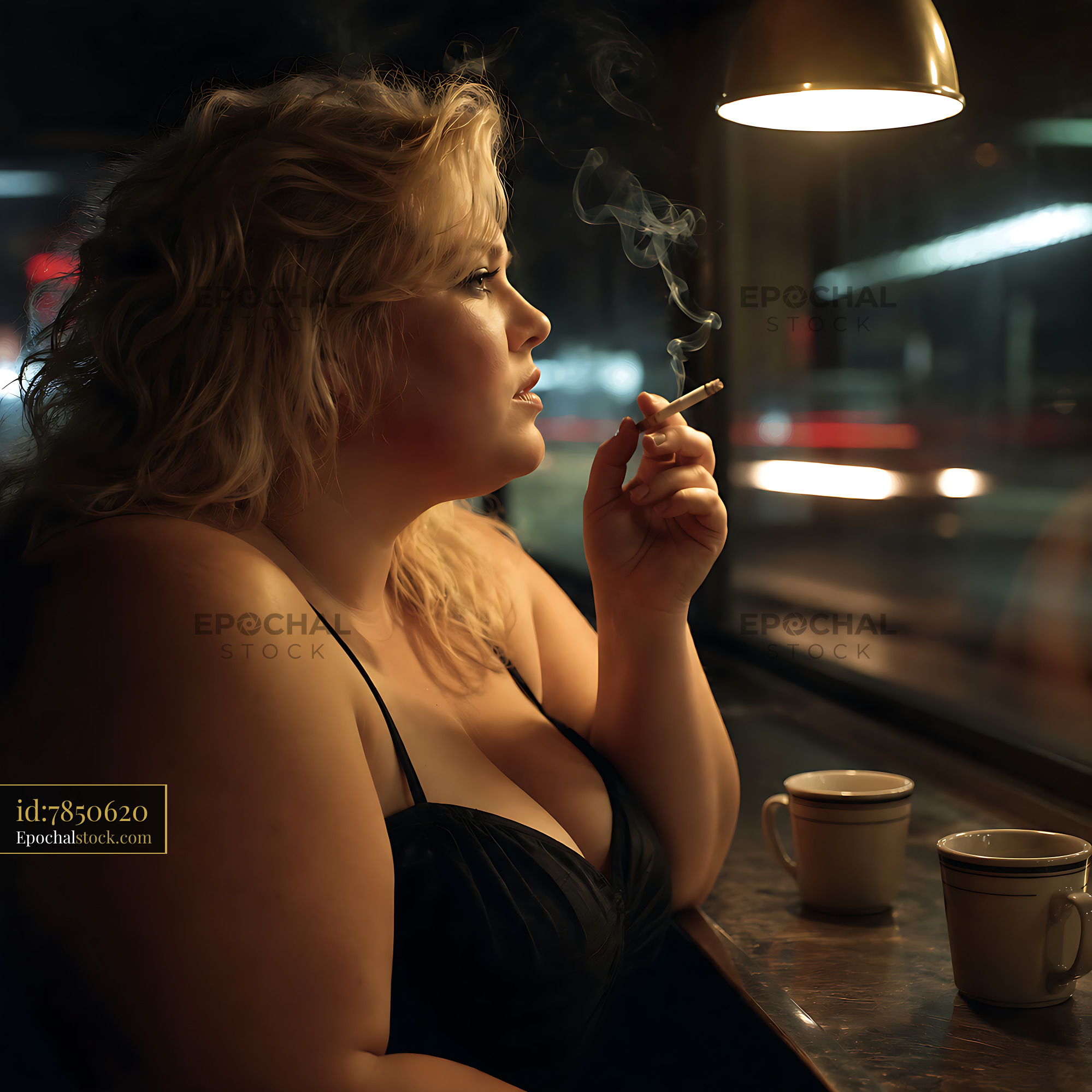Woman Sitting by Window Smoking With Cups on the Table - stock photo