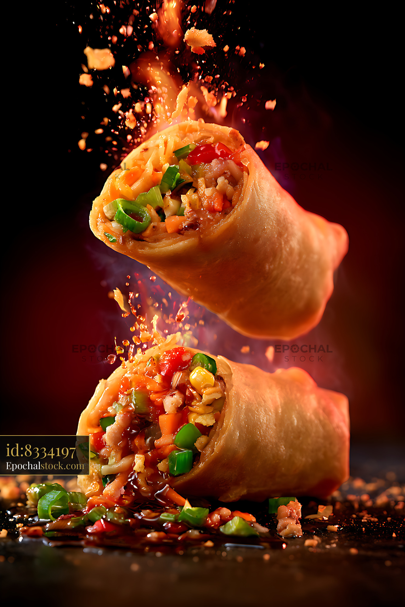Watermarked full-resolution preview of Stuffed wraps with colorful vegetable filling and food splash