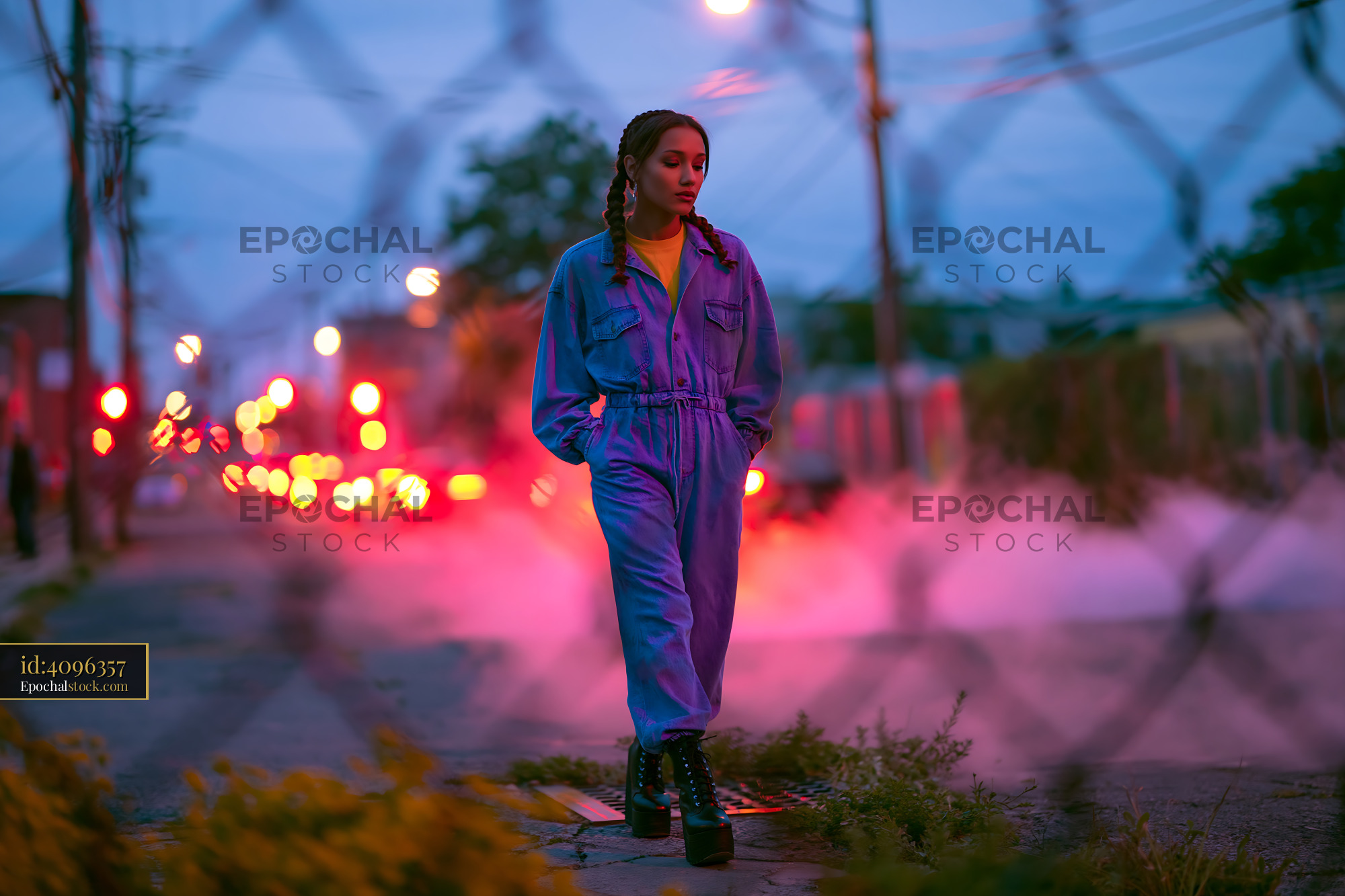 Watermarked full-resolution preview of Young woman in blue jumpsuit walking on urban street at dusk
