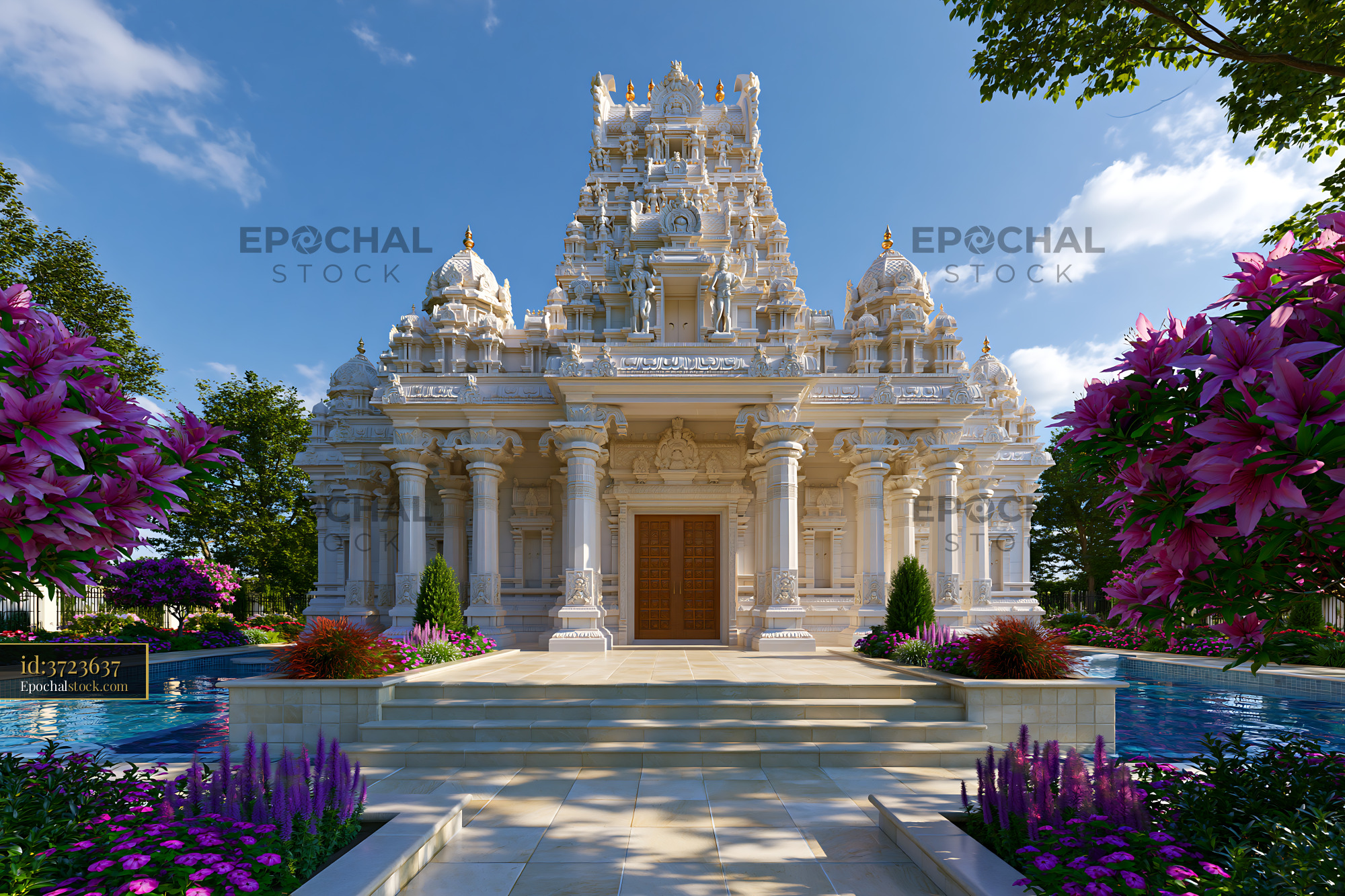 Watermarked full-resolution preview of Beautiful temple structure surrounded by flowers and a pond