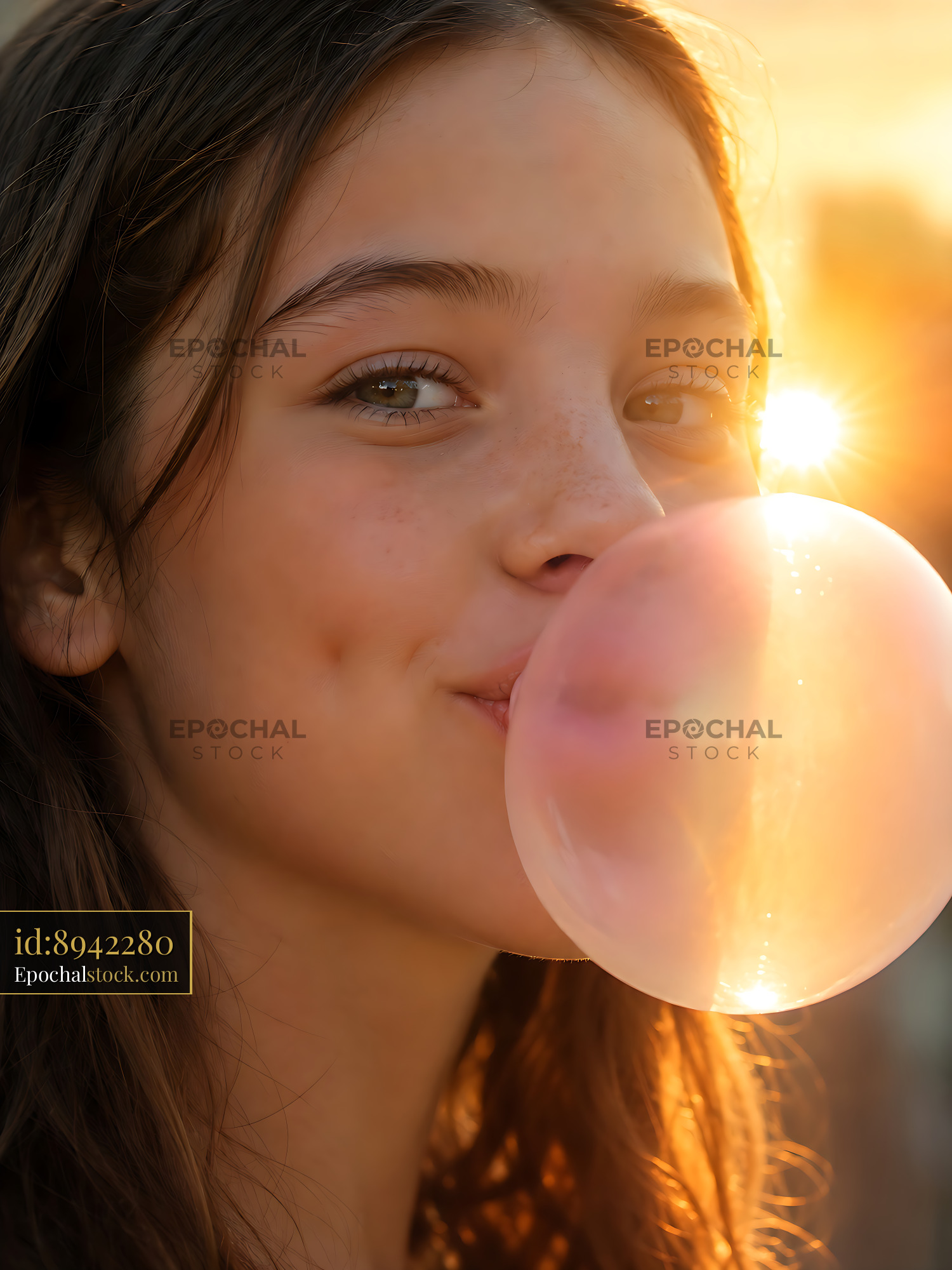 Girl Blowing Bubble Gum During Sunset With Warm Light - stock photo