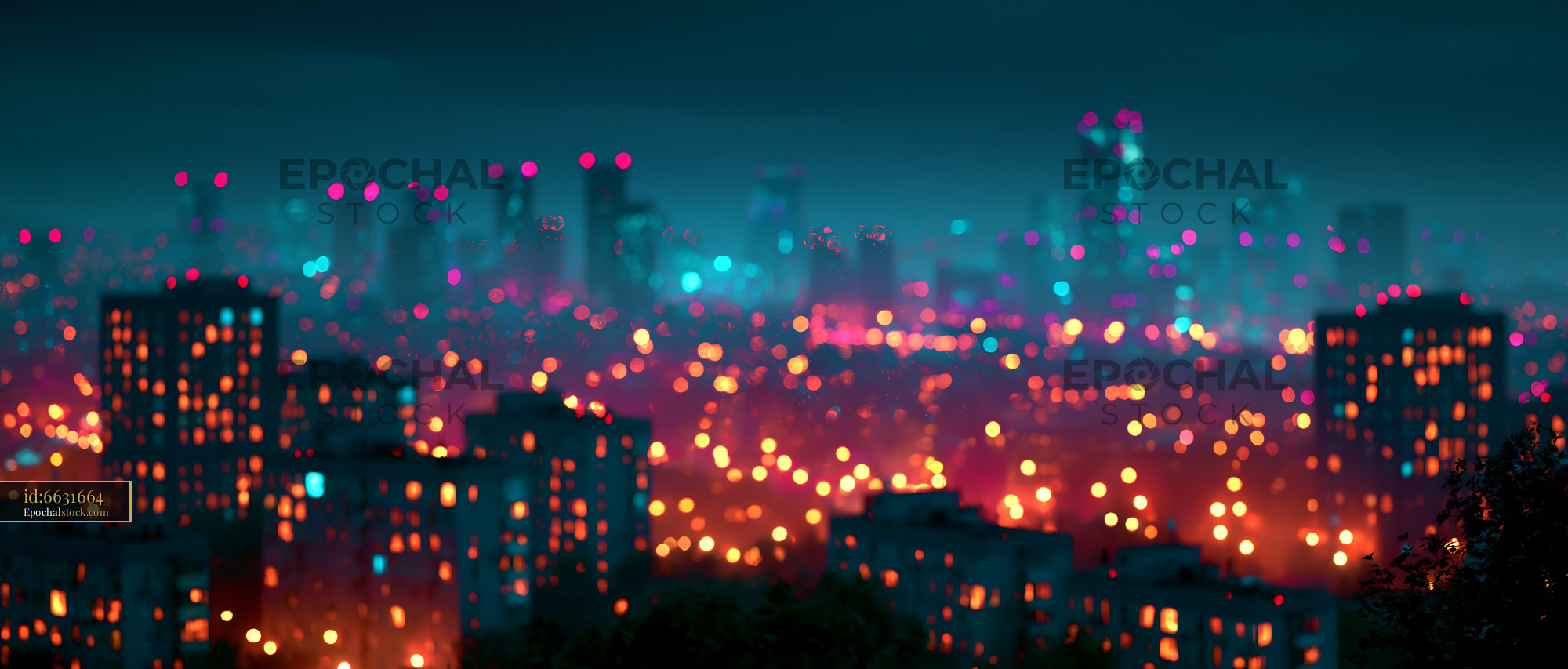 Watermarked full-resolution preview of Night cityscape with colorful lights and blurred buildings