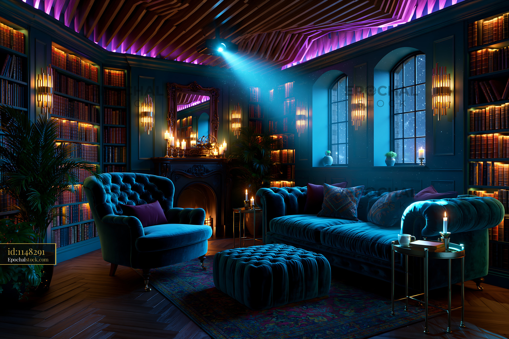 Watermarked full-resolution preview of Cozy living room with bookshelves and warm lighting at night