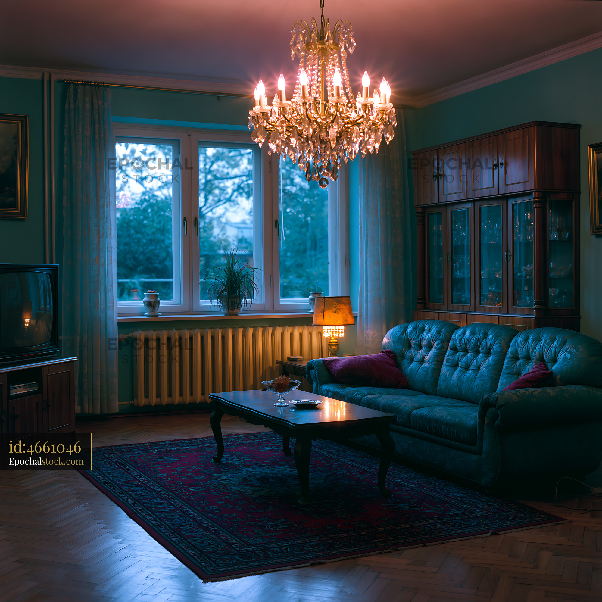 1980s Eastern Bloc Living Room With Chandelier and Soft Light - stock photo
